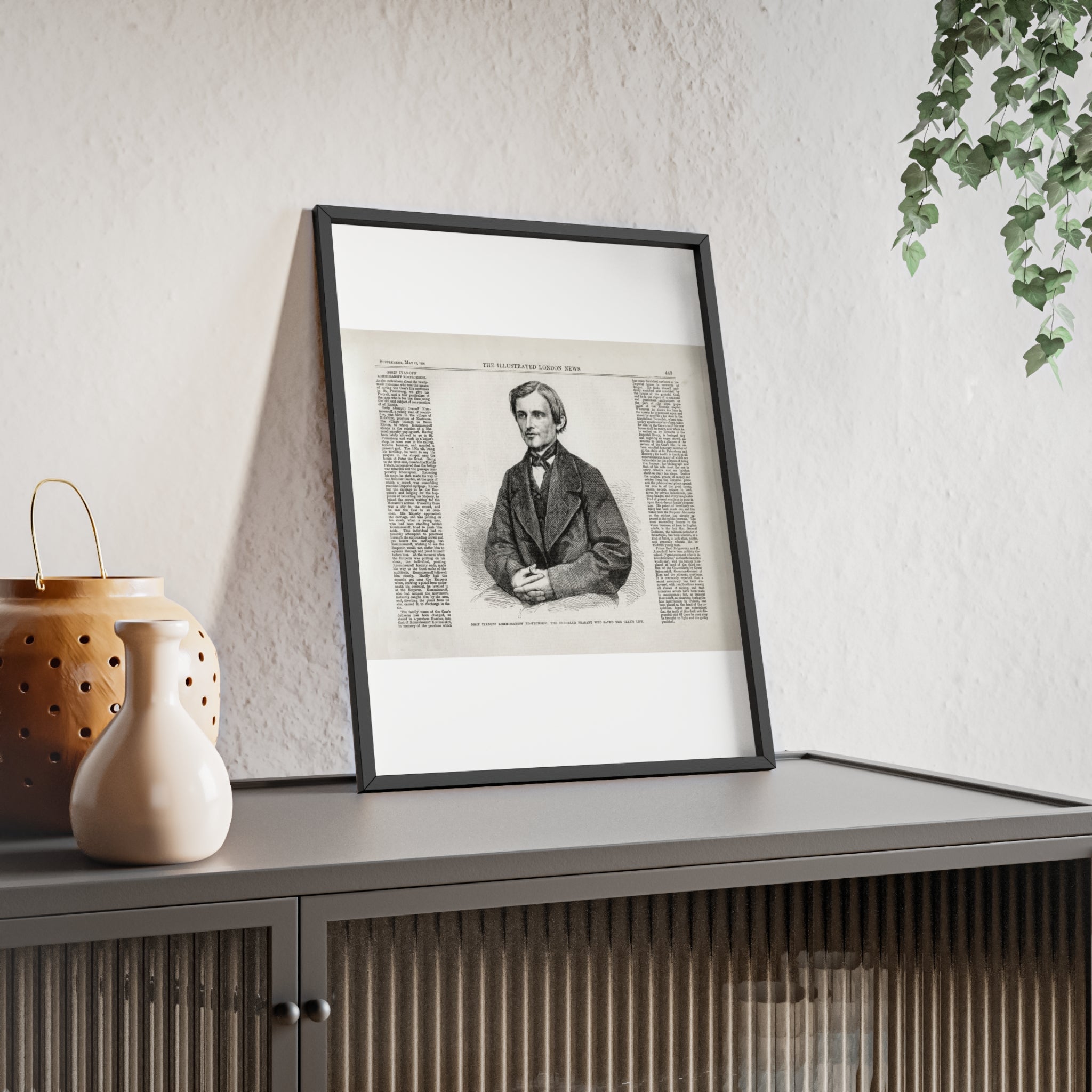 OSSIP IVANOFF, the peasant who saved the CZAR's Life. Vintage Illustrated Portrait Poster with Wooden Frame — Antique Newspaper Art Print