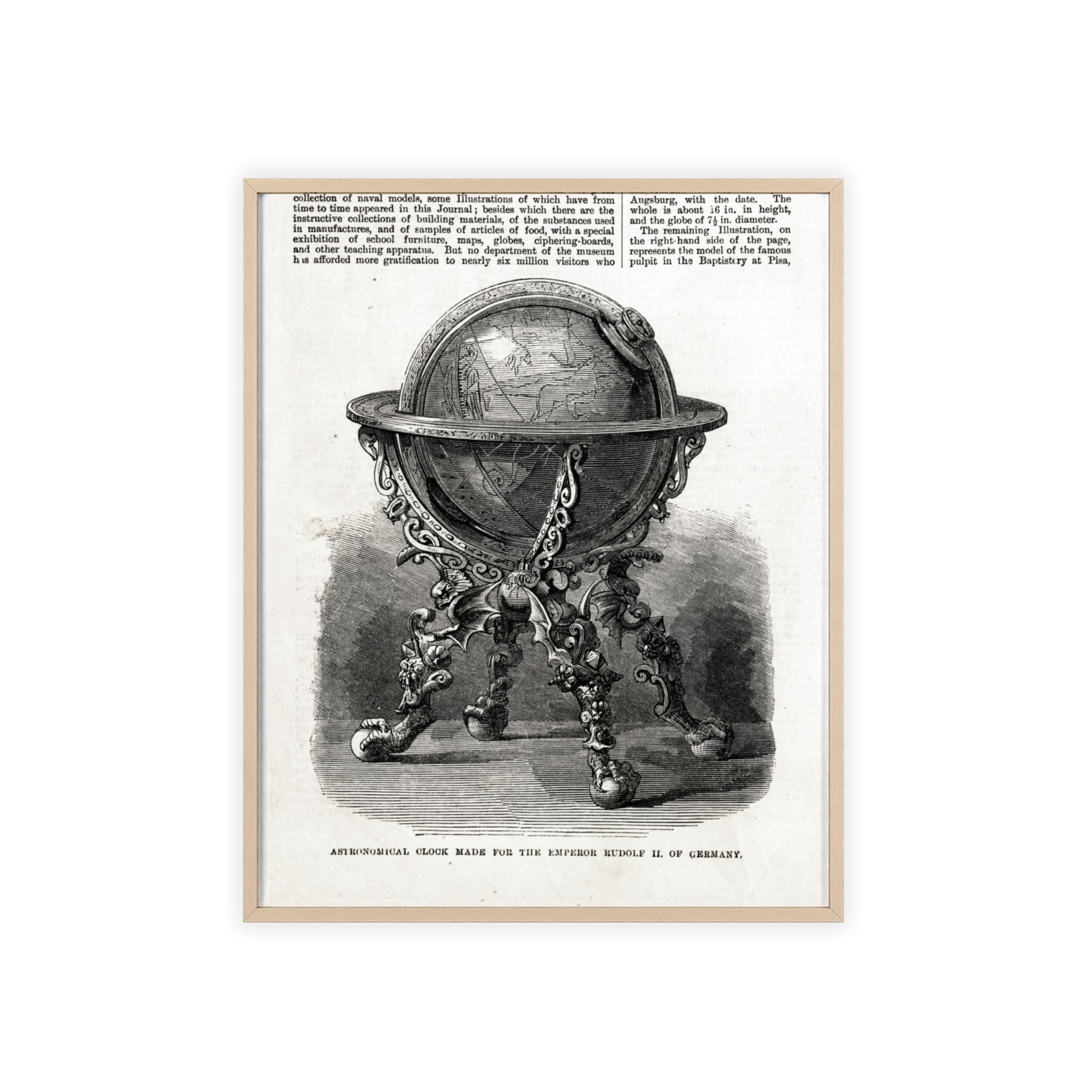 Astronomical Clock made for the Emperor RUDOLPH II, of Germany. Vintage Globe Illustration Poster with Wooden Frame — Antique Map Print