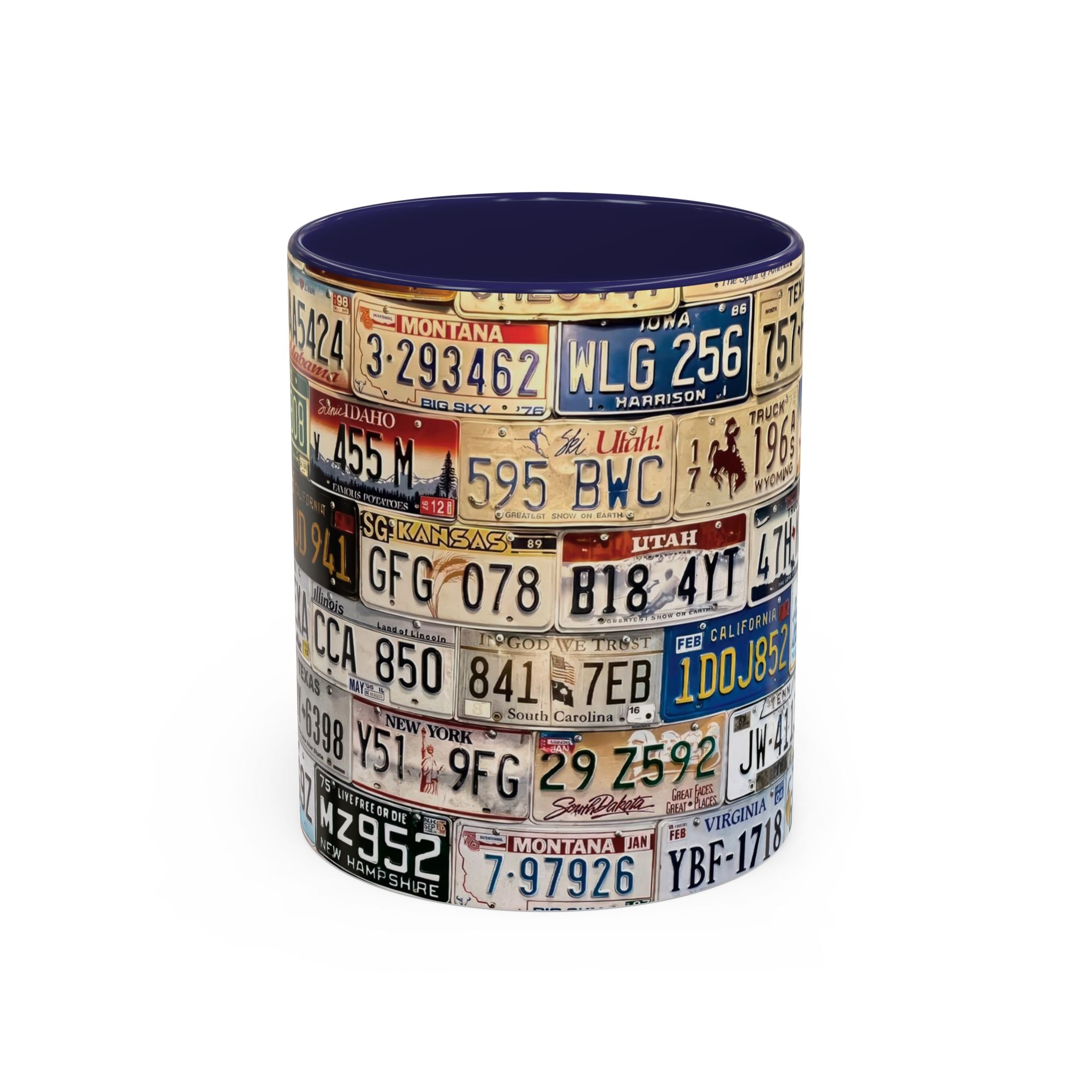License Plate Collage Coffee Mug — Route 66, Vintage Road Trip Accent Mug