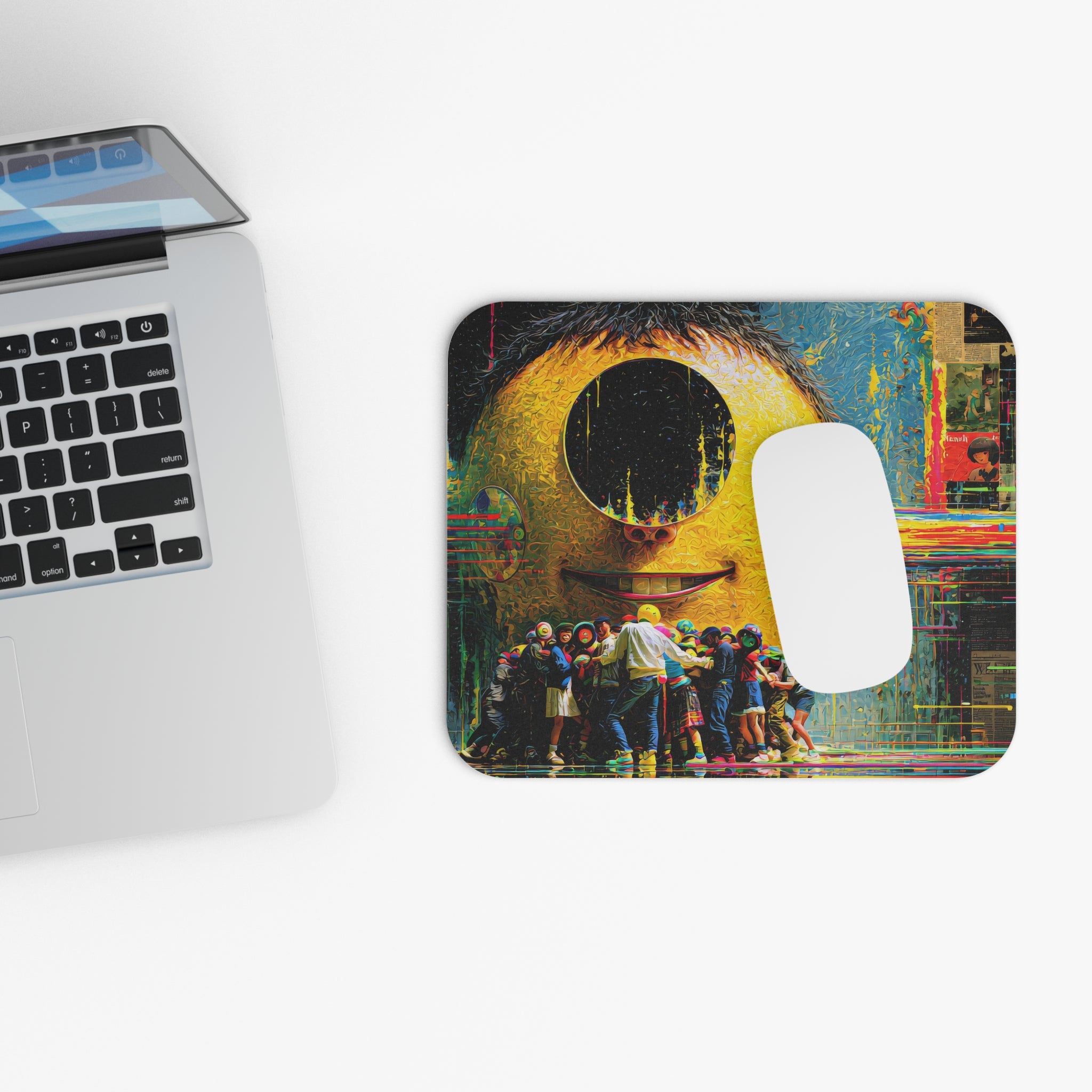 Surreal Smiling Moon Mouse Pad — Colorful Retro Pop Art Desk Mat