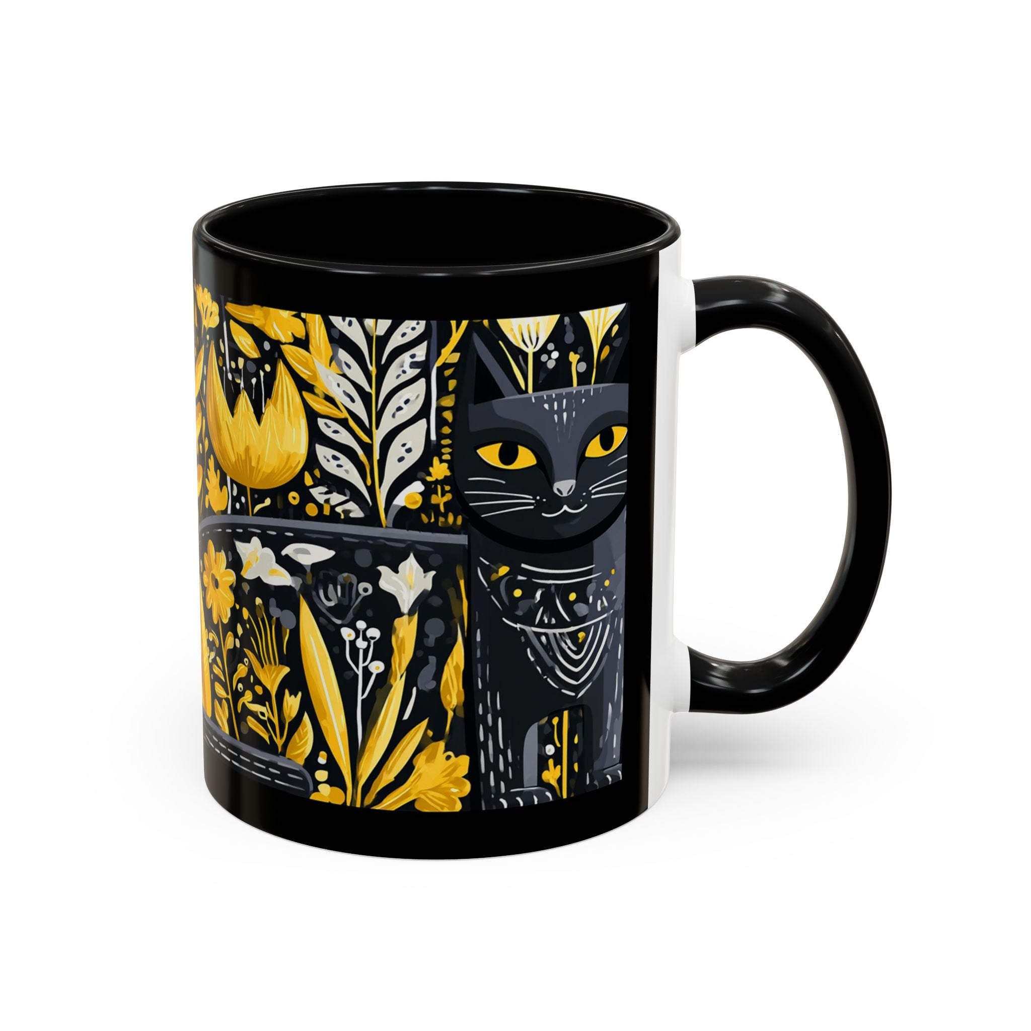 Black & Gold Cat Floral Coffee Mug — Whimsical Botanical Cat Accent Mug (11/15oz)