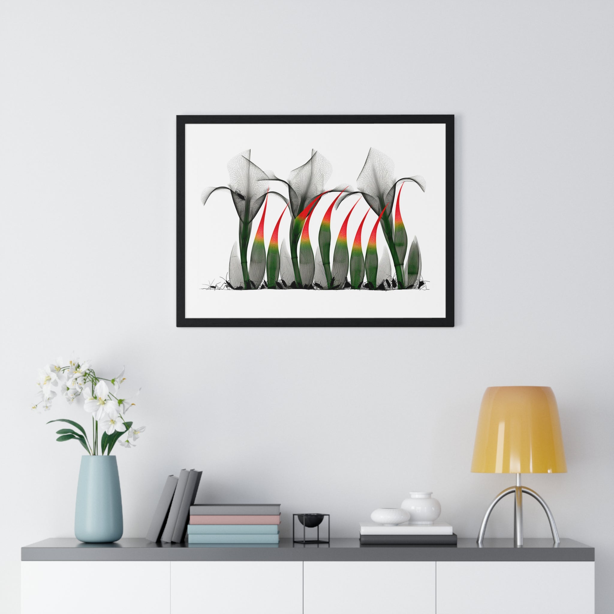 Framed Poster - Abstract Botanical Calla Lily Art with Red & Green Accents