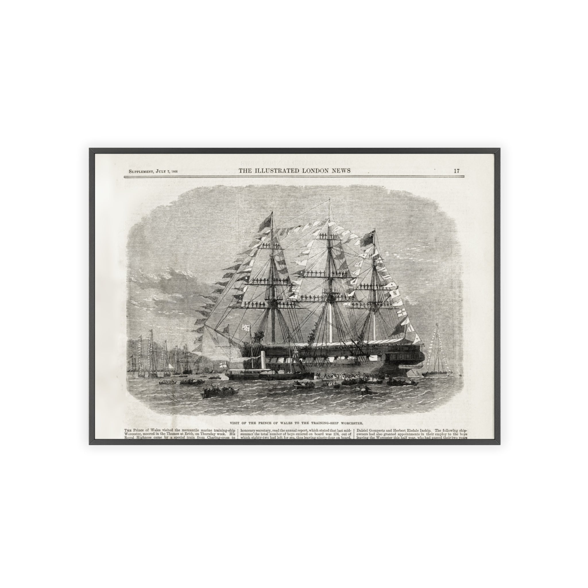 Visit of the Prince of Wales to the Training-Ship Worcester. Framed Vintage Sailing Ship Poster — Nautical Wall Art with Wooden Frame