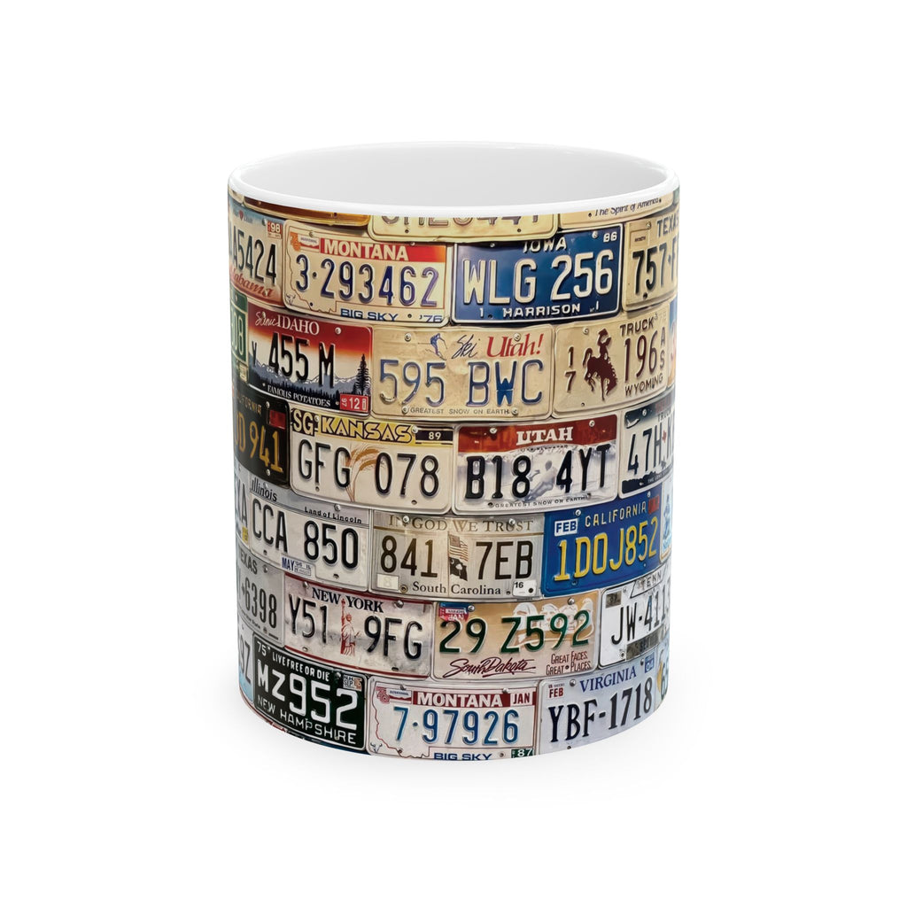 License Plate Collage Mug – Vintage Road Trip Coffee Cup (11oz/15oz)