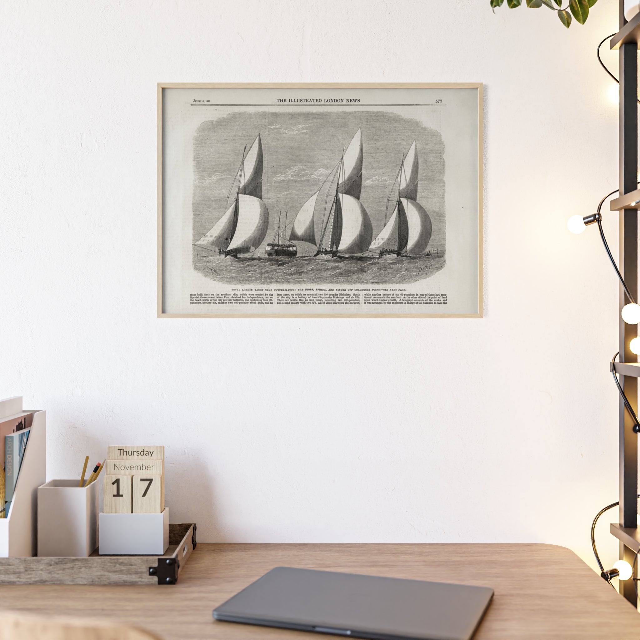 Royal London Yacht Club Cutter-Match. Vintage Sailing Print Poster with Wooden Frame — Nautical Wall Art
