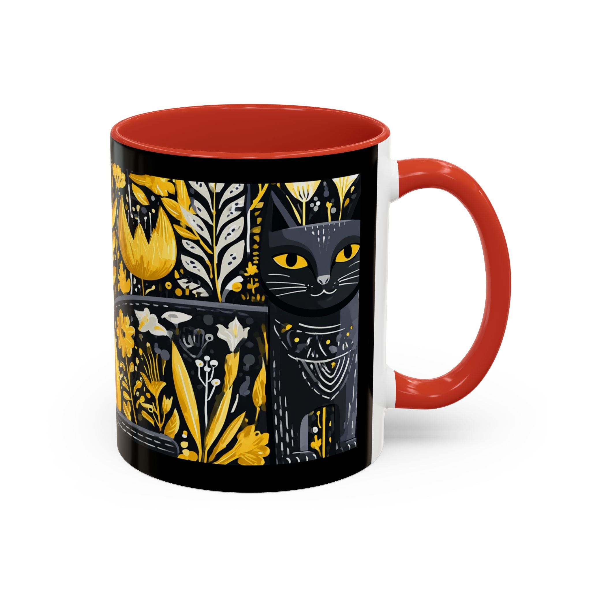 Black & Gold Cat Floral Coffee Mug — Whimsical Botanical Cat Accent Mug (11/15oz)