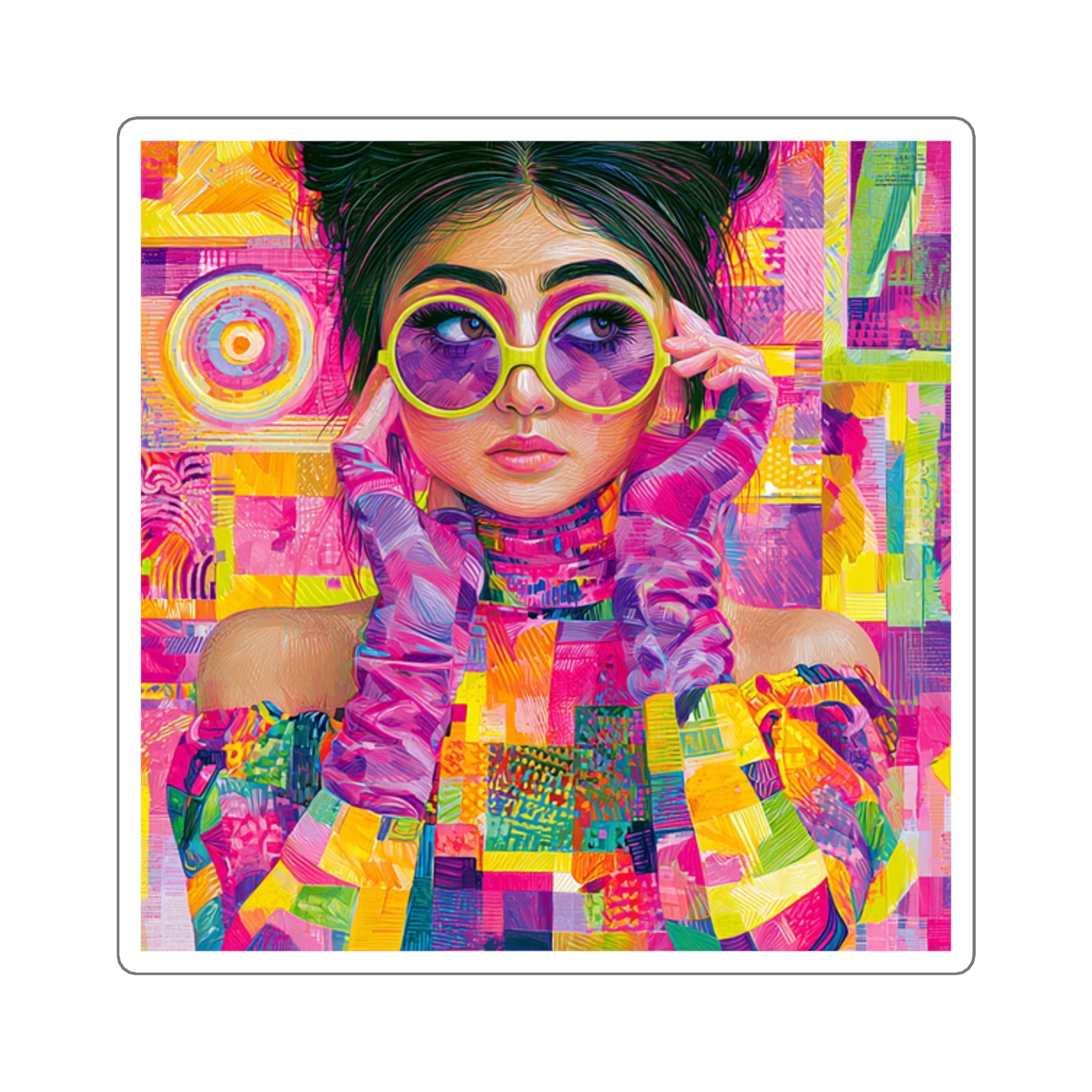 Vibrant Pop-Art Girl Square Sticker — Colorful Retro Sunglasses Laptop Decal
