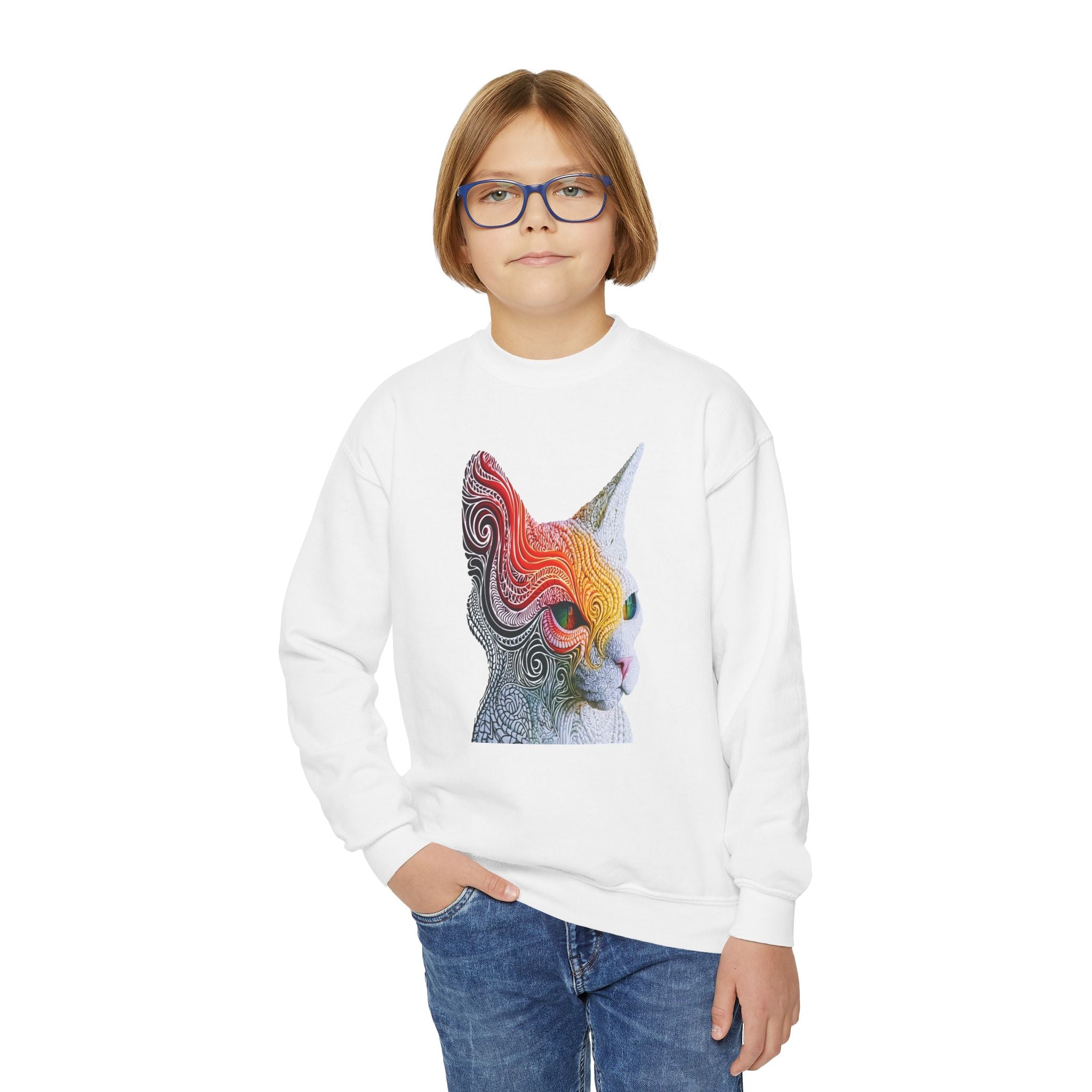 Youth Crewneck Sweatshirt — Psychedelic Colorful Cat Head Graphic
