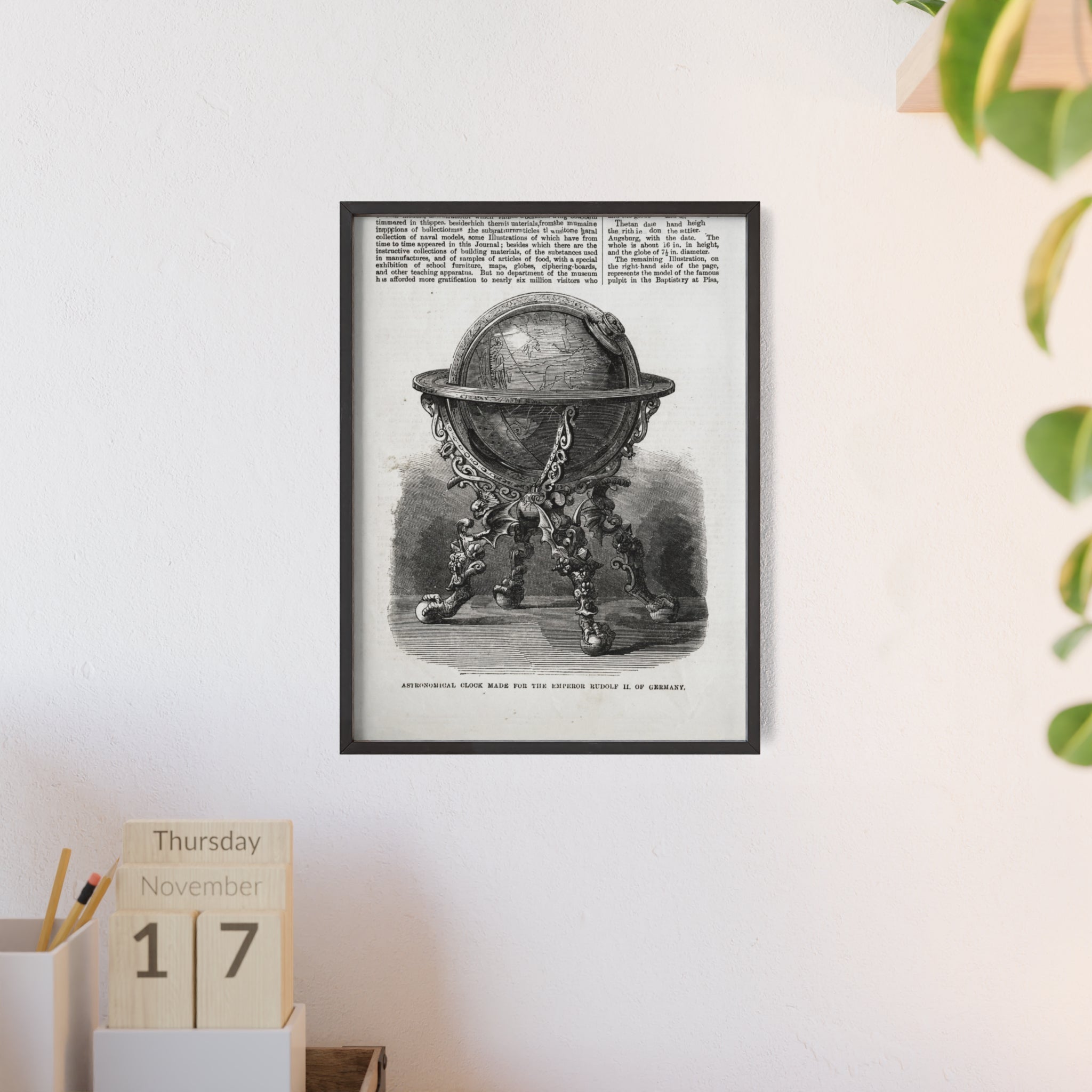 Astronomical Clock made for the Emperor RUDOLPH II, of Germany. Vintage Globe Illustration Poster with Wooden Frame — Antique Map Print