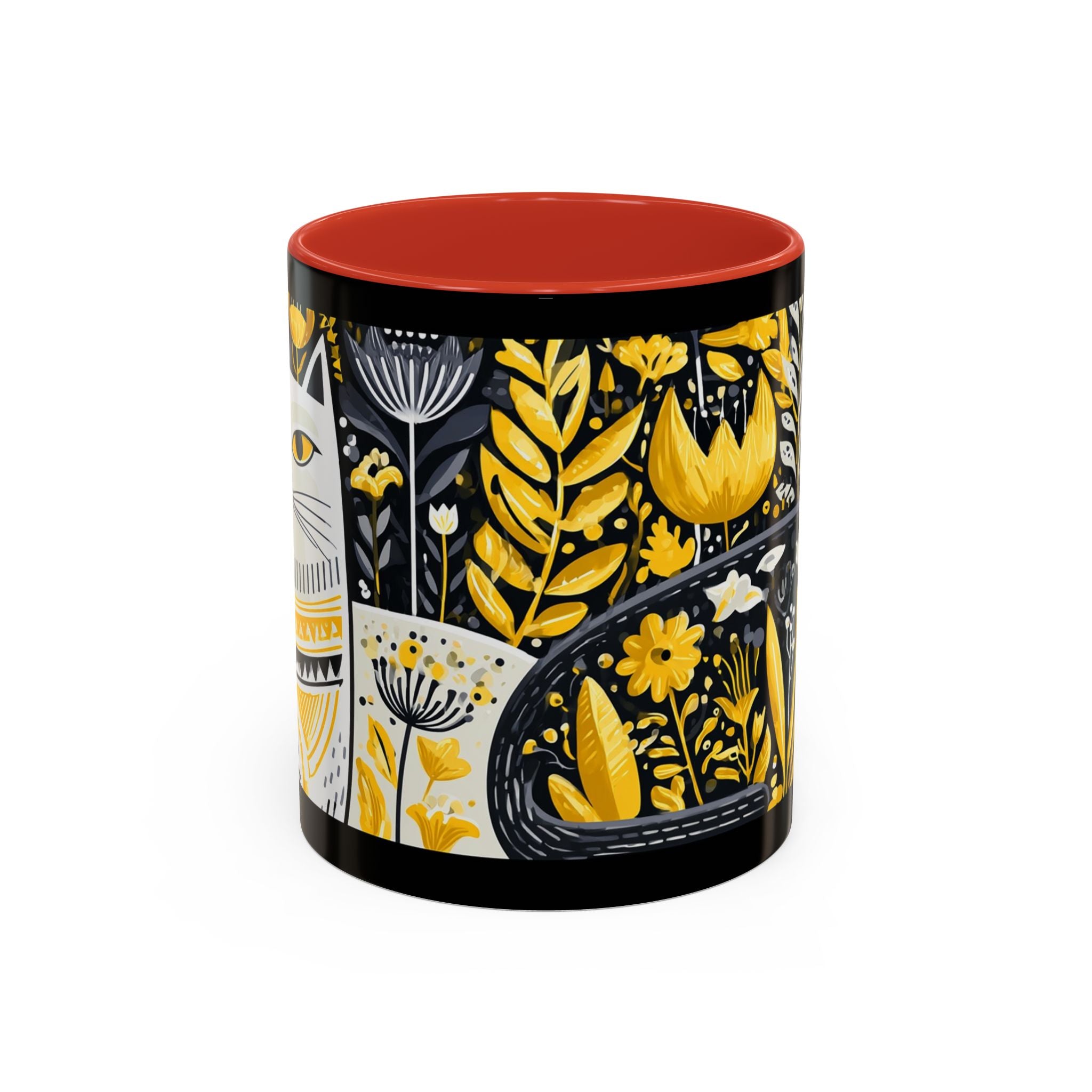 Black & Gold Cat Floral Coffee Mug — Whimsical Botanical Cat Accent Mug (11/15oz)