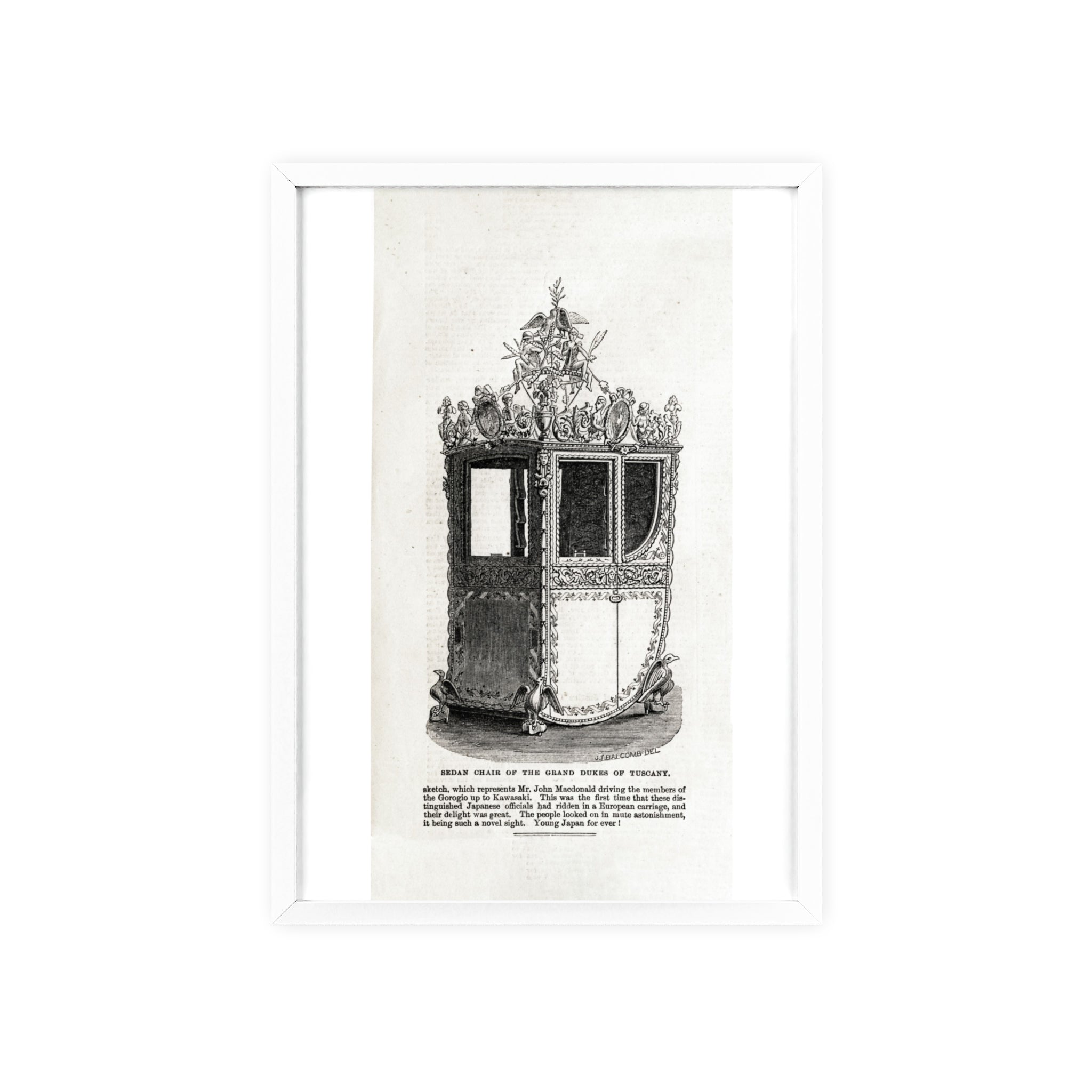 Chair of the GRAND DUKES of TUSCANY. Antique Carriage Print Poster with Wooden Frame — Vintage Engraving Wall Art