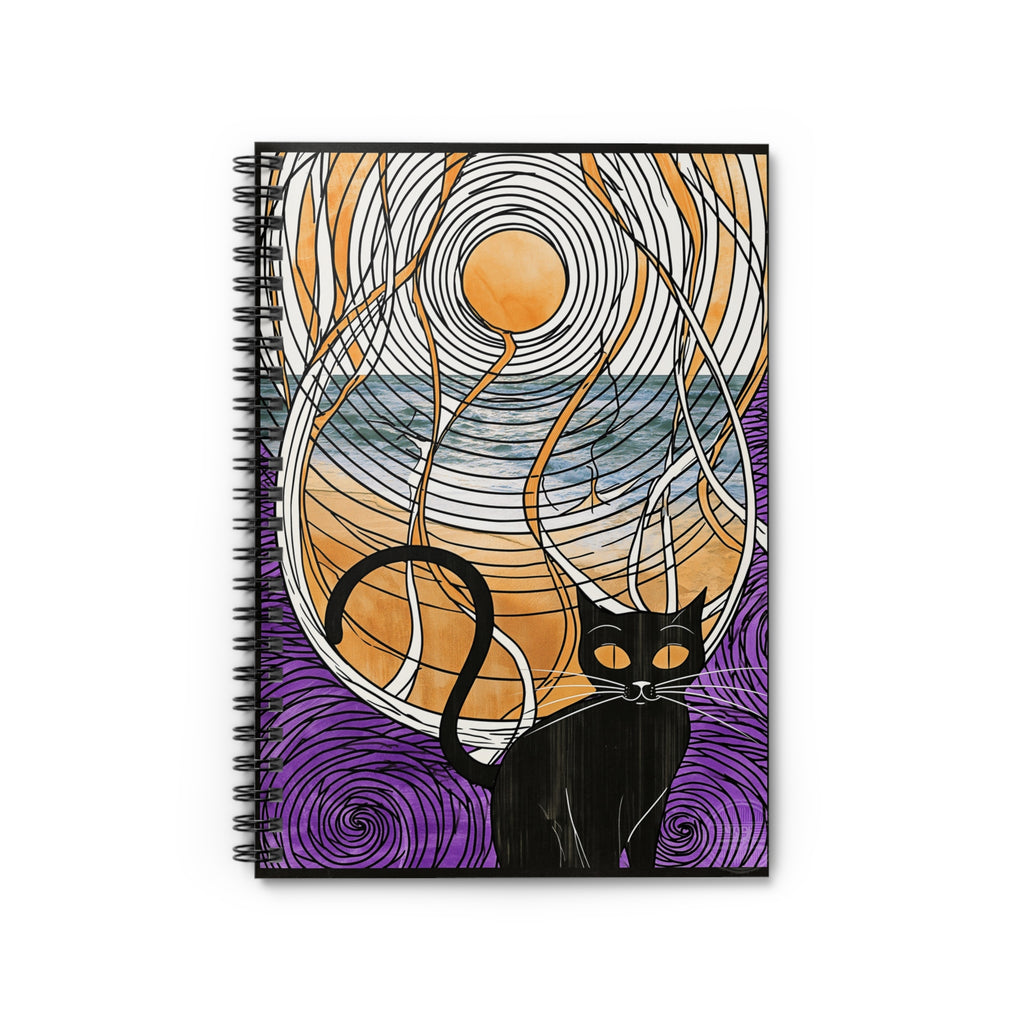 Cat Moon Spiral Notebook — Artistic Black Cat Journal with Swirling Night Sky
