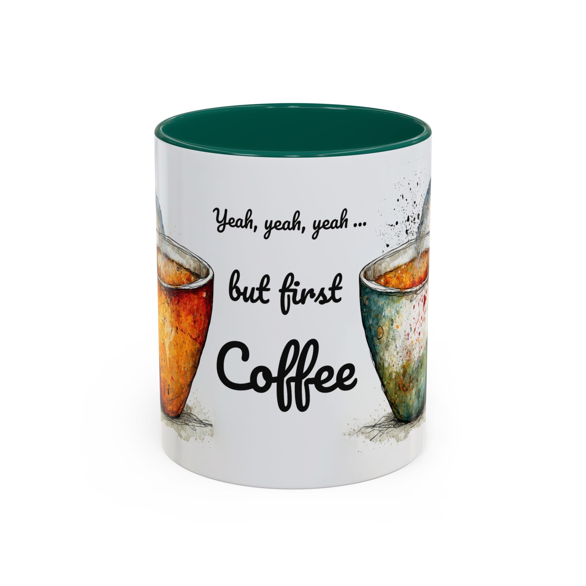But First Coffee Ceramic Mug — Colorful Watercolor Coffee Cups (11oz & 15oz)