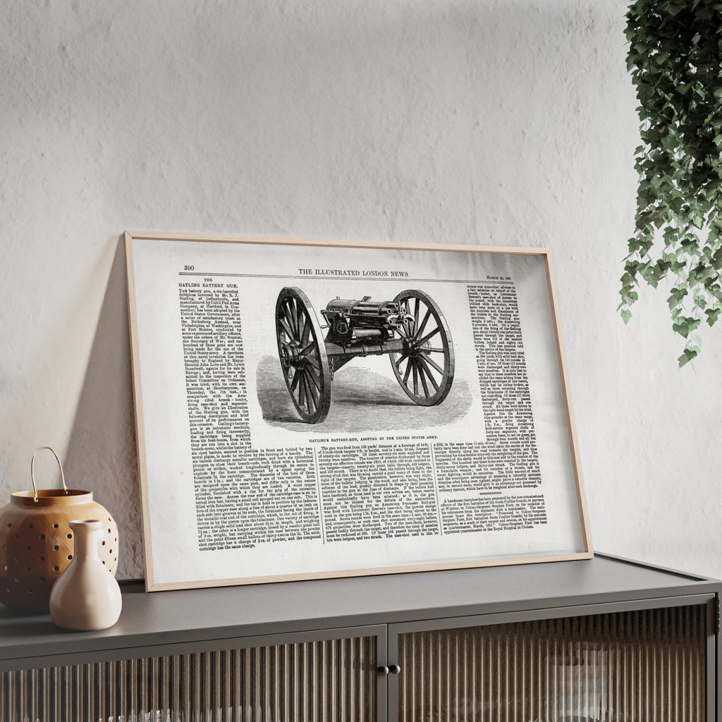 GATLING'S Battery-Gun, adopted by the United States Army. Vintage Cannon Patent Poster with Wooden Frame – Antique Engineering Print