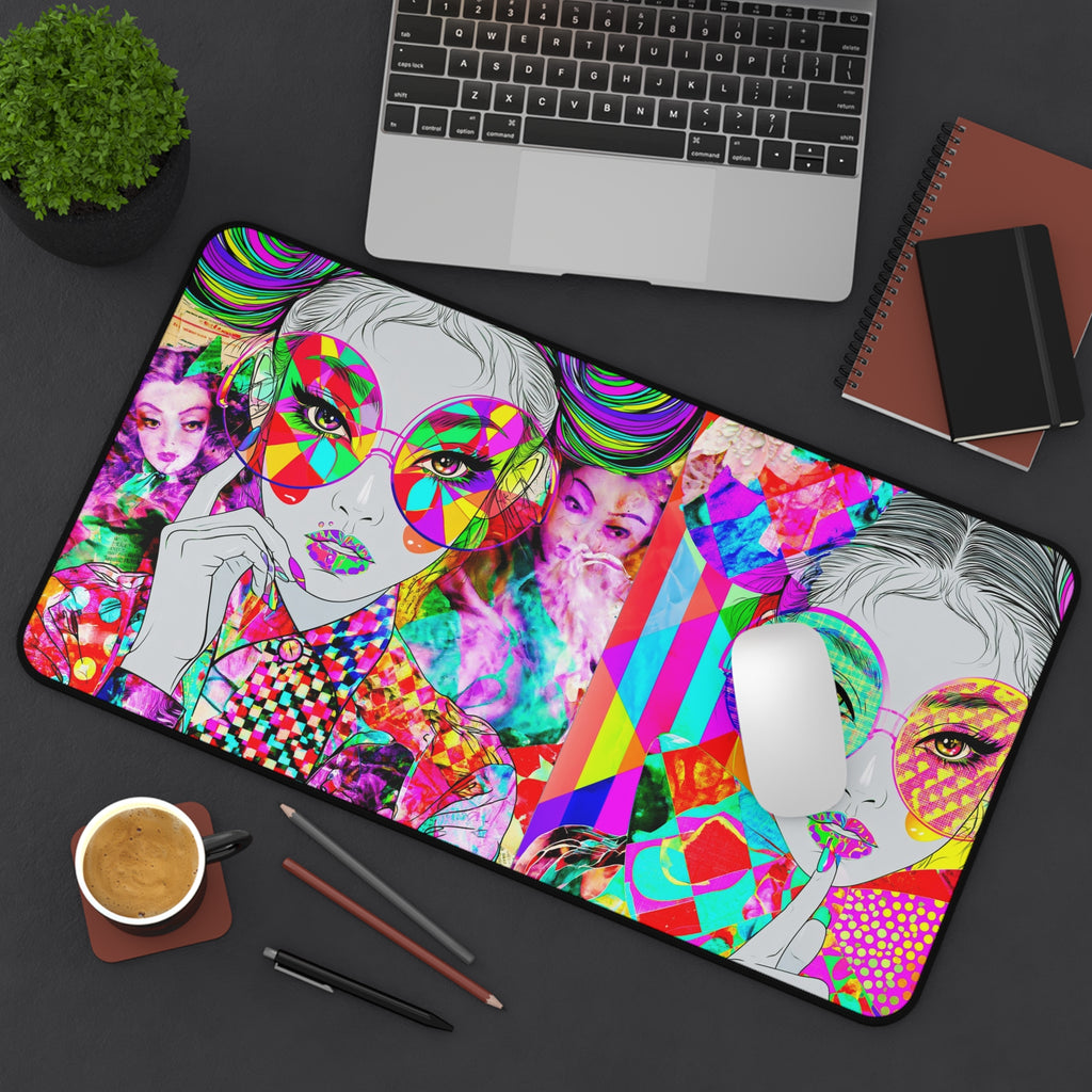 Vibrant Pop-Art Fashion Desk Mat — Colorful Retro Girl Illustration