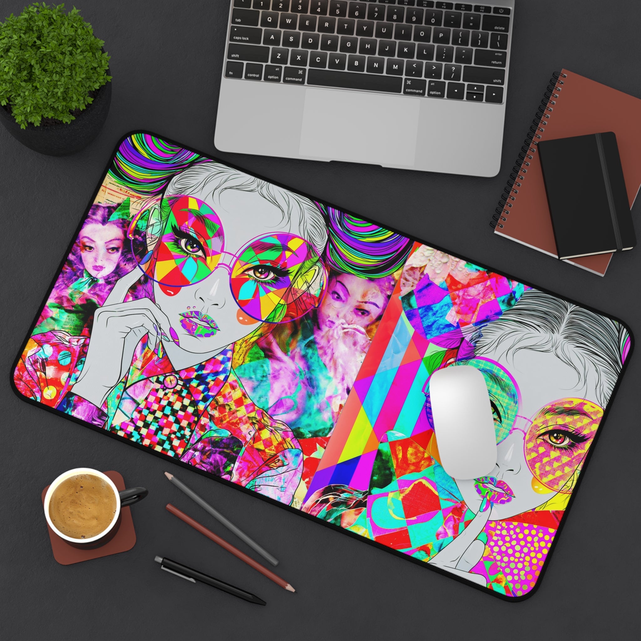 Vibrant Pop-Art Fashion Desk Mat — Colorful Retro Girl Illustration