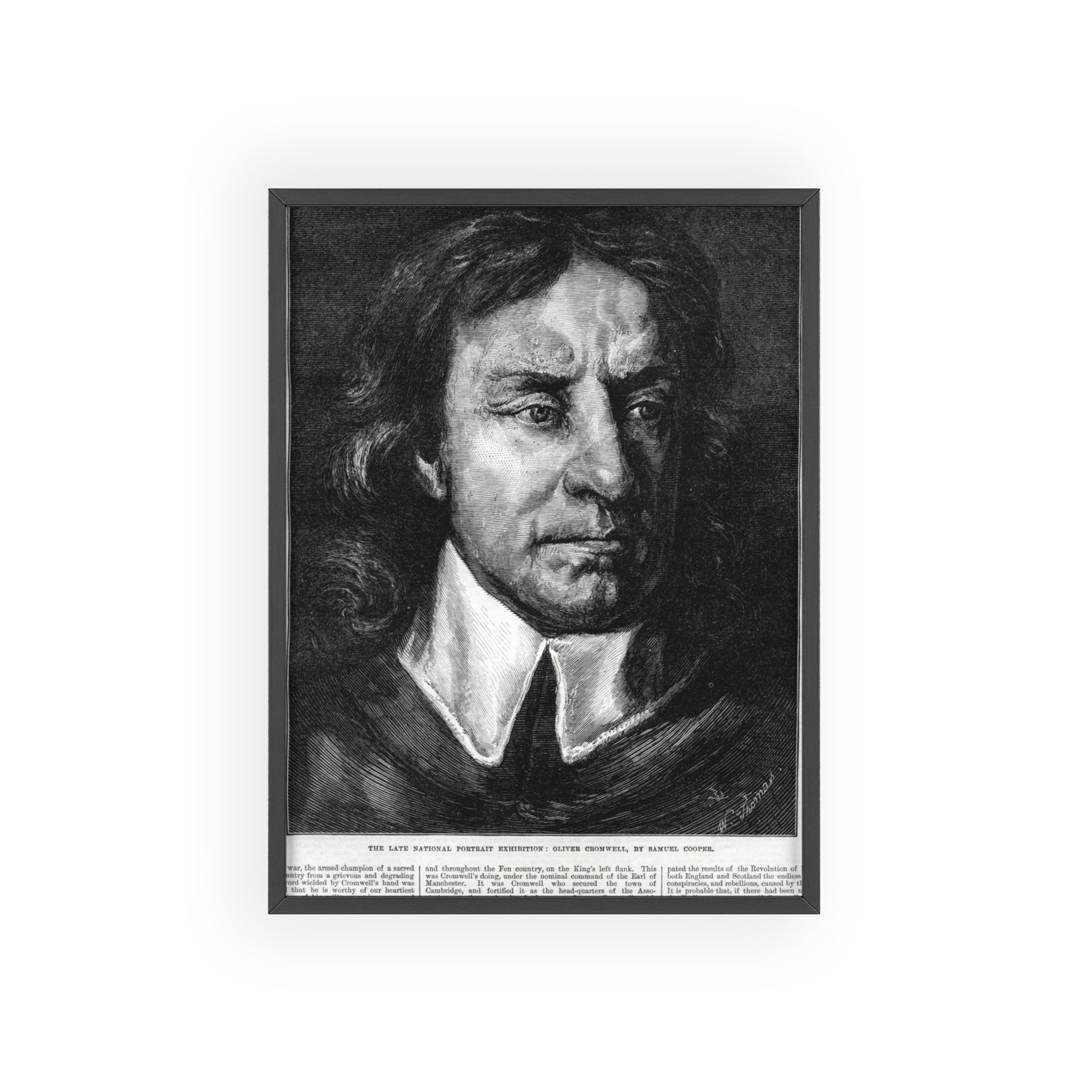OLIVER CROMWELL. Historical Portrait Poster with Wooden Frame — Vintage Chalk-Style Print
