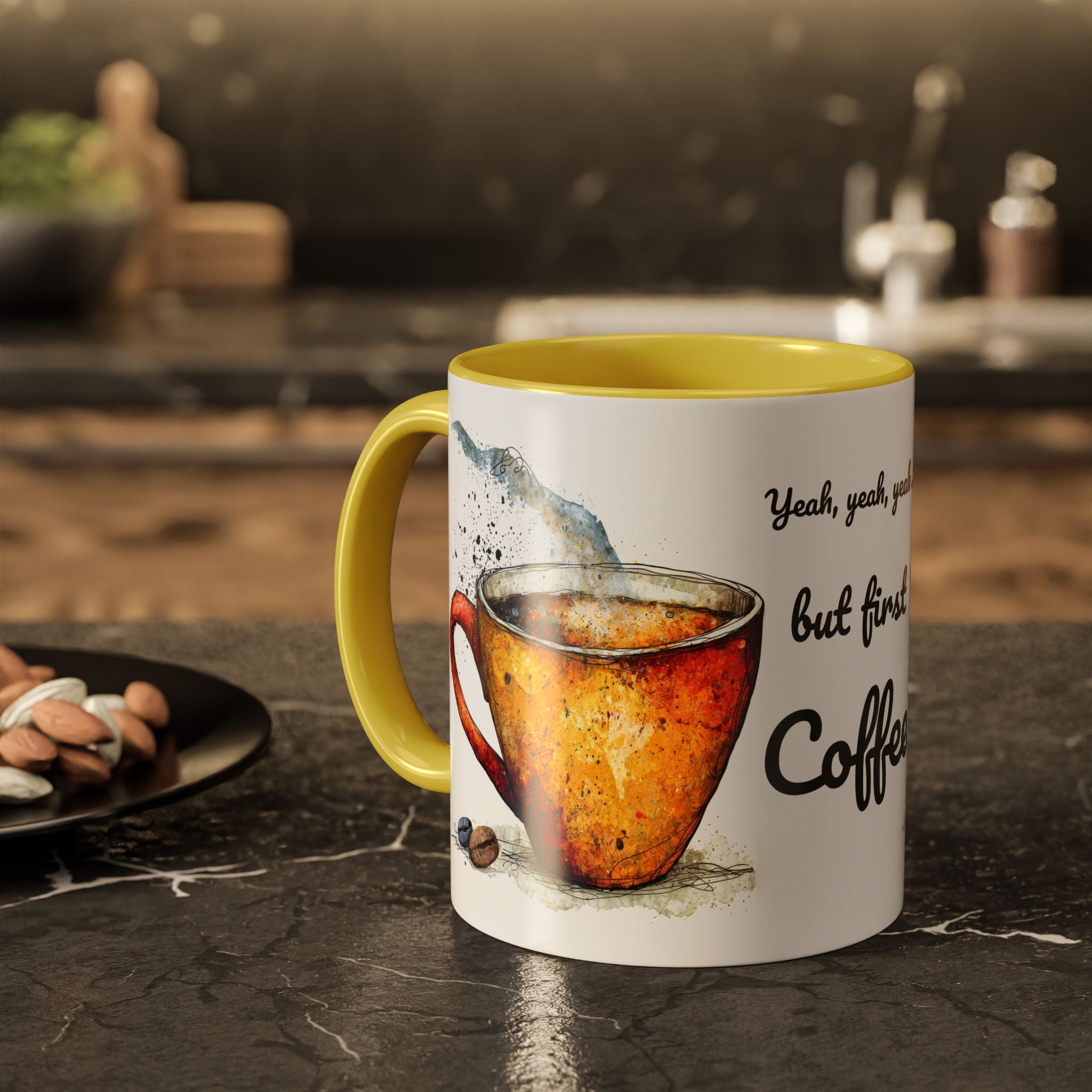 But First Coffee Ceramic Mug — Colorful Watercolor Coffee Cups (11oz & 15oz)
