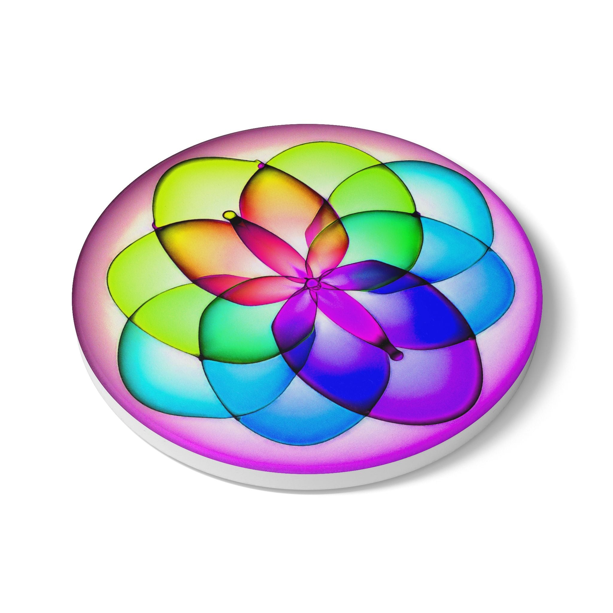 Rainbow Mandala Ceramic Coaster — Colorful Geometric Flower Drink Coaster