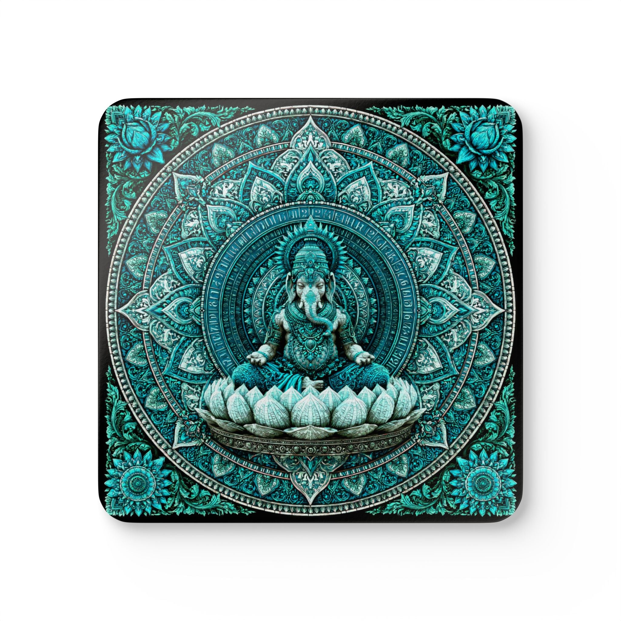 Teal Ganesha Mandala Cork Coaster Set — Boho Spiritual Drink Coasters (4-Pack)