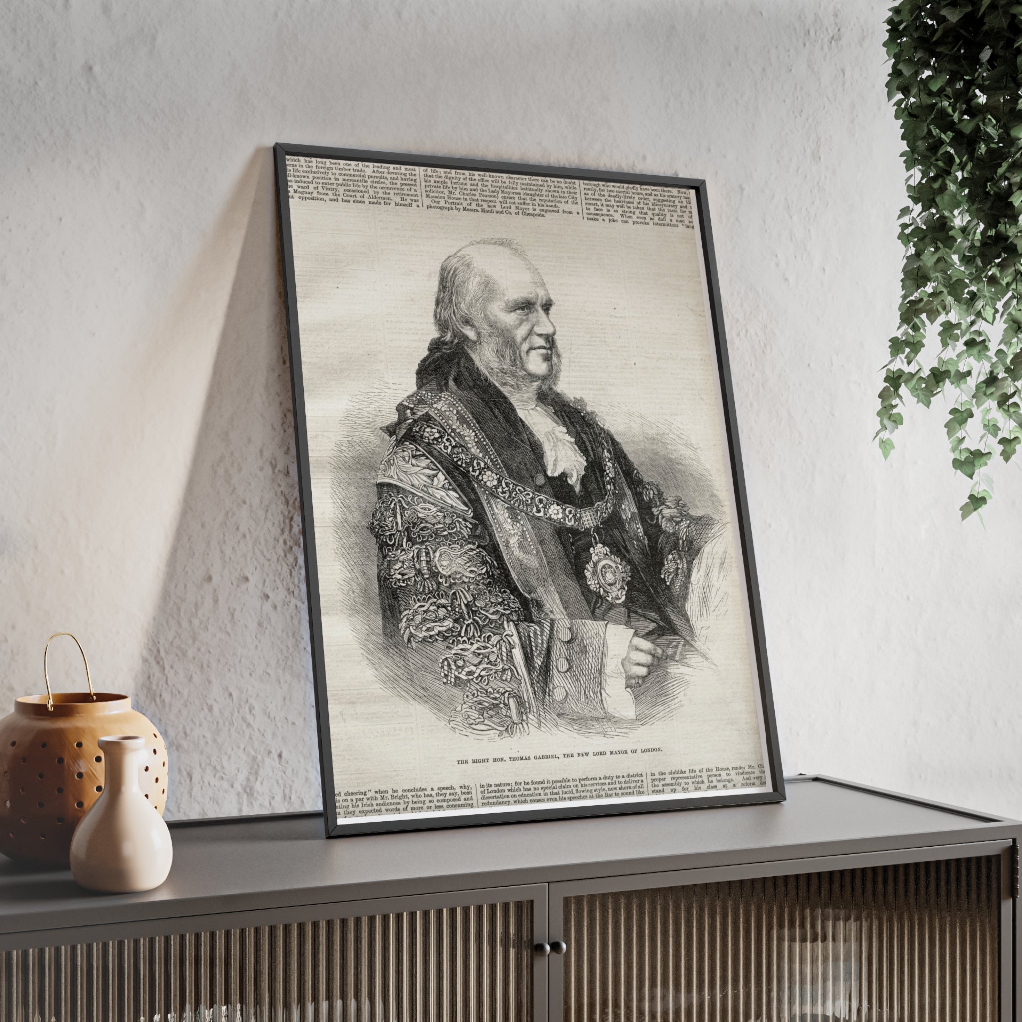 The Right Hon.Thomas Gabriel, the New Lord Mayor of London. Vintage Illustrated Statesman Poster with Black Wooden Frame