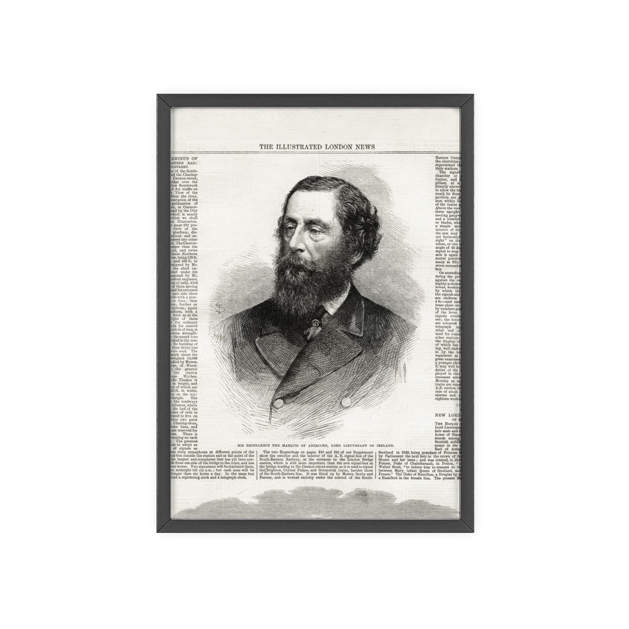 His Excellency the Marquis of Abercorn, Lord Lieutenant of Ireland. Vintage Illustrated Portrait Poster with Wooden Frame — Antique Newspaper Print