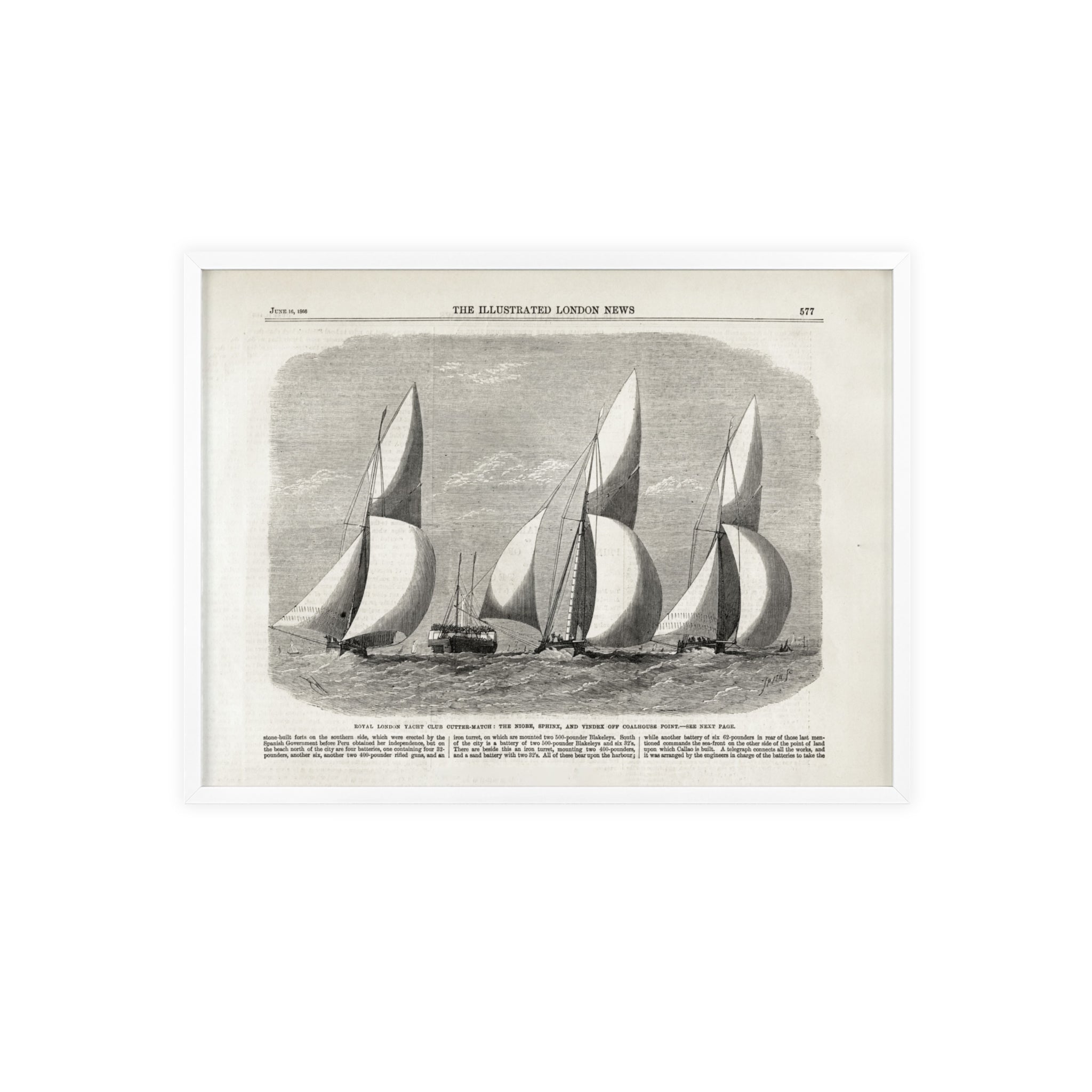 Royal London Yacht Club Cutter-Match. Vintage Sailing Print Poster with Wooden Frame — Nautical Wall Art