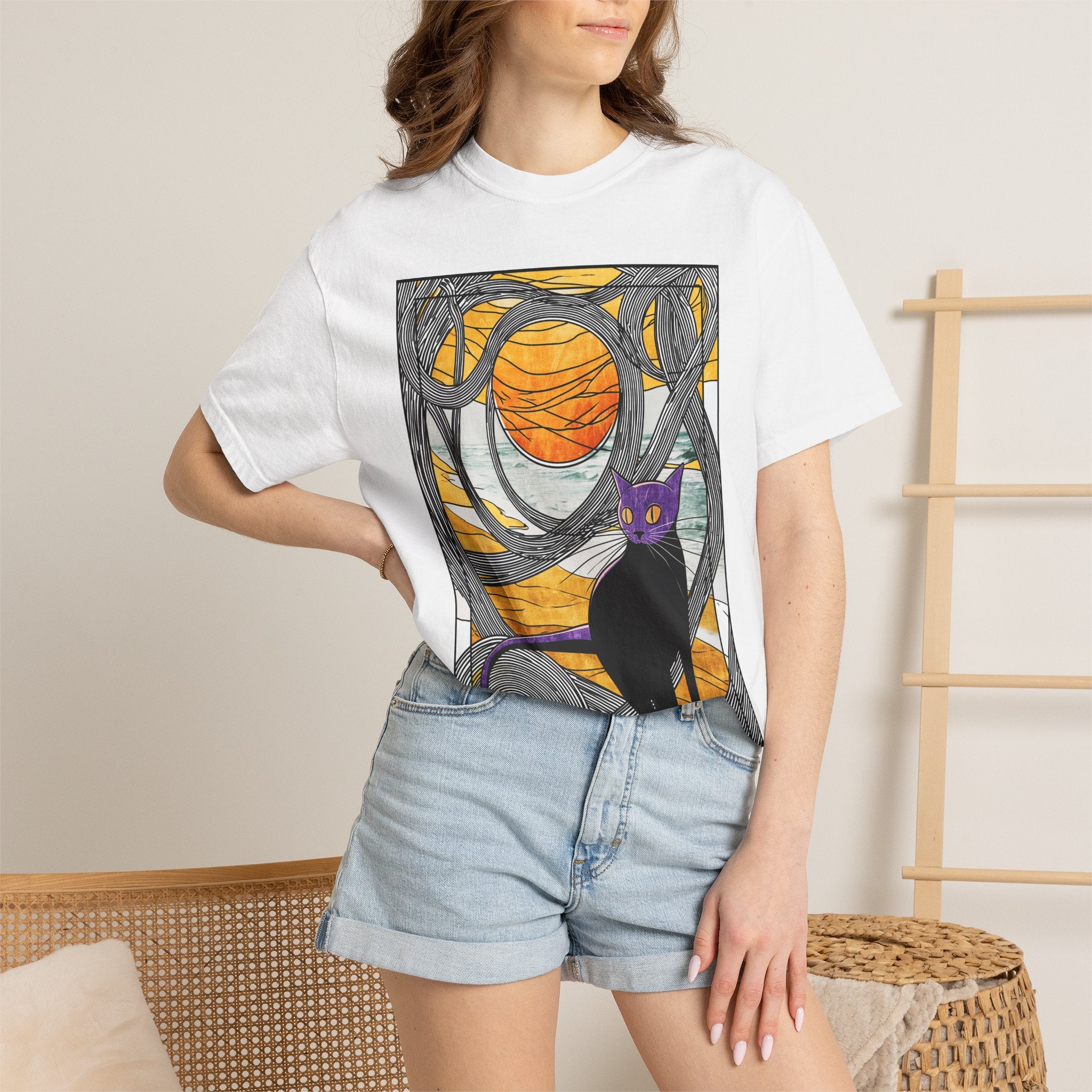 Cat Moon T-Shirt — Black Cat with Purple Mask & Sunset Stained-Glass Design