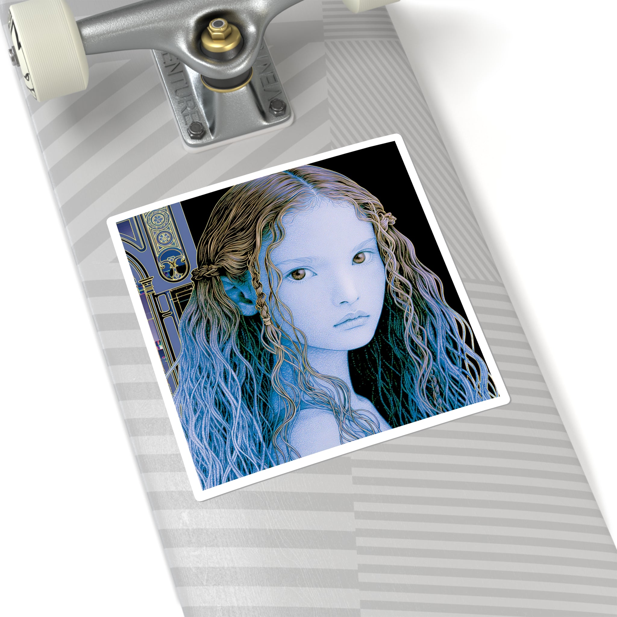 Blue Elf Girl Square Sticker — Ethereal Fantasy Art Decal for Laptops & Journals