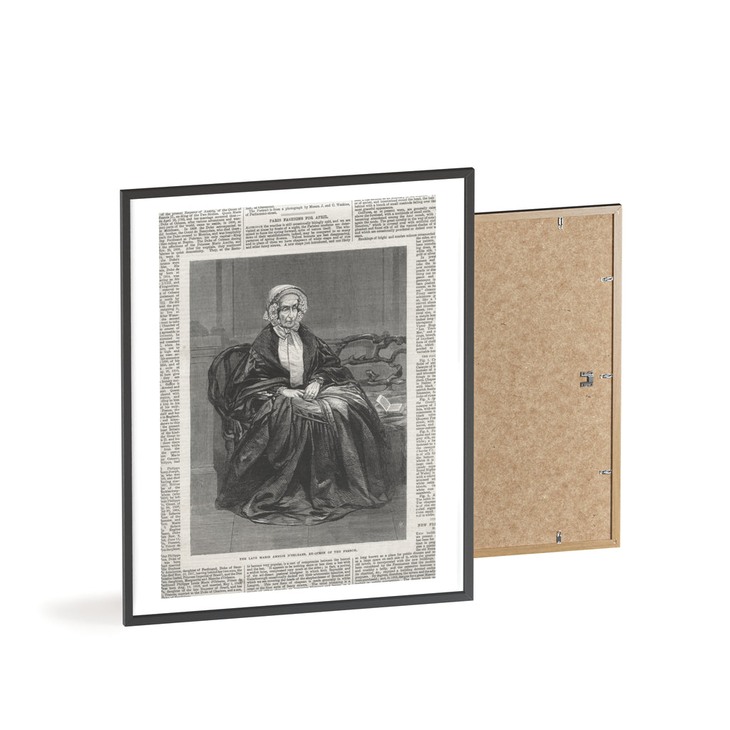The Late Marie Amelie D'Orleans, Ex-Queen of the French. Vintage Portrait Newspaper Art Poster with Black Wooden Frame
