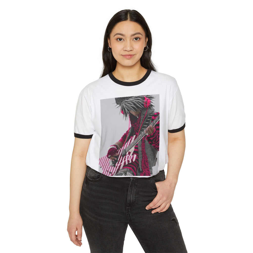 Retro Rock Guitarist Ringer T-Shirt — Pink Striped Electric Guitar Graphic