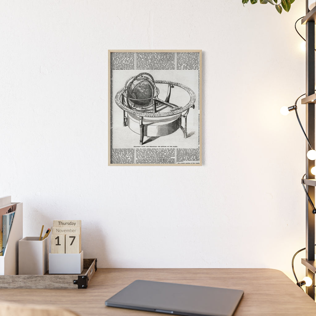 TELLURION GLOBE for Exhibiting the Motions of the Earth. Vintage Celestial Globe Poster with Wooden Frame — Antique Astronomy Wall Art