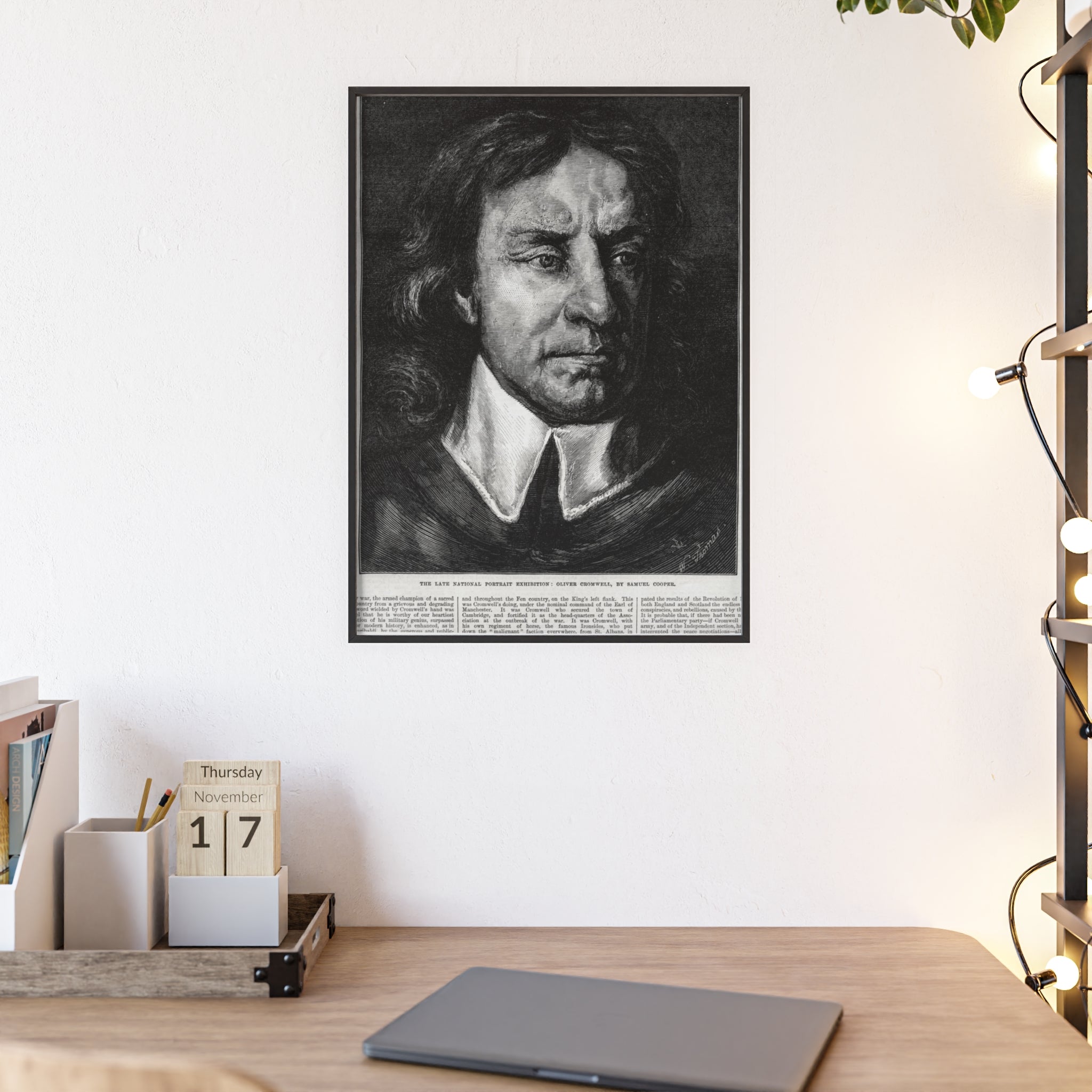 OLIVER CROMWELL. Historical Portrait Poster with Wooden Frame — Vintage Chalk-Style Print