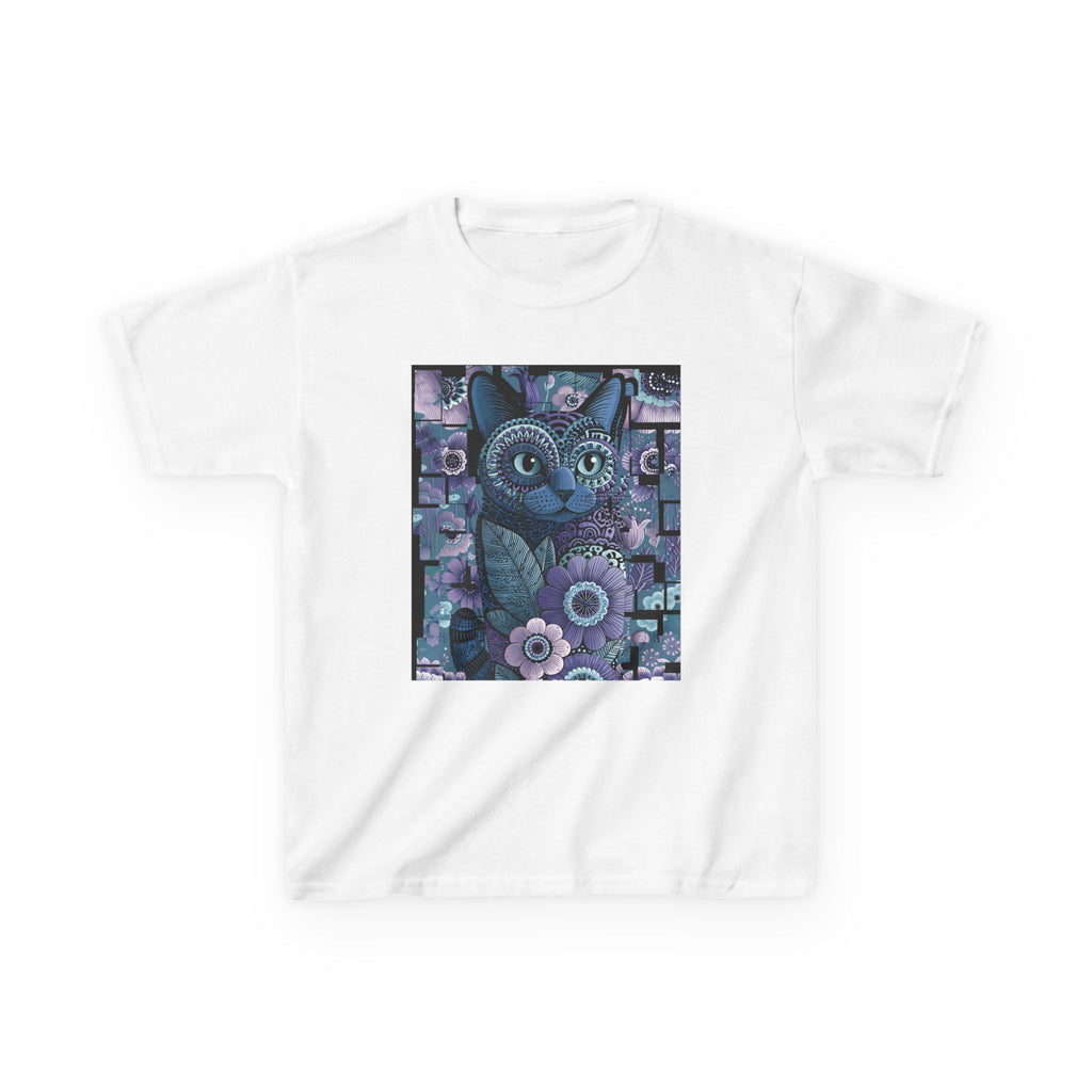 Kids Cat Art T-Shirt — Whimsical Purple Floral Kitten Tee