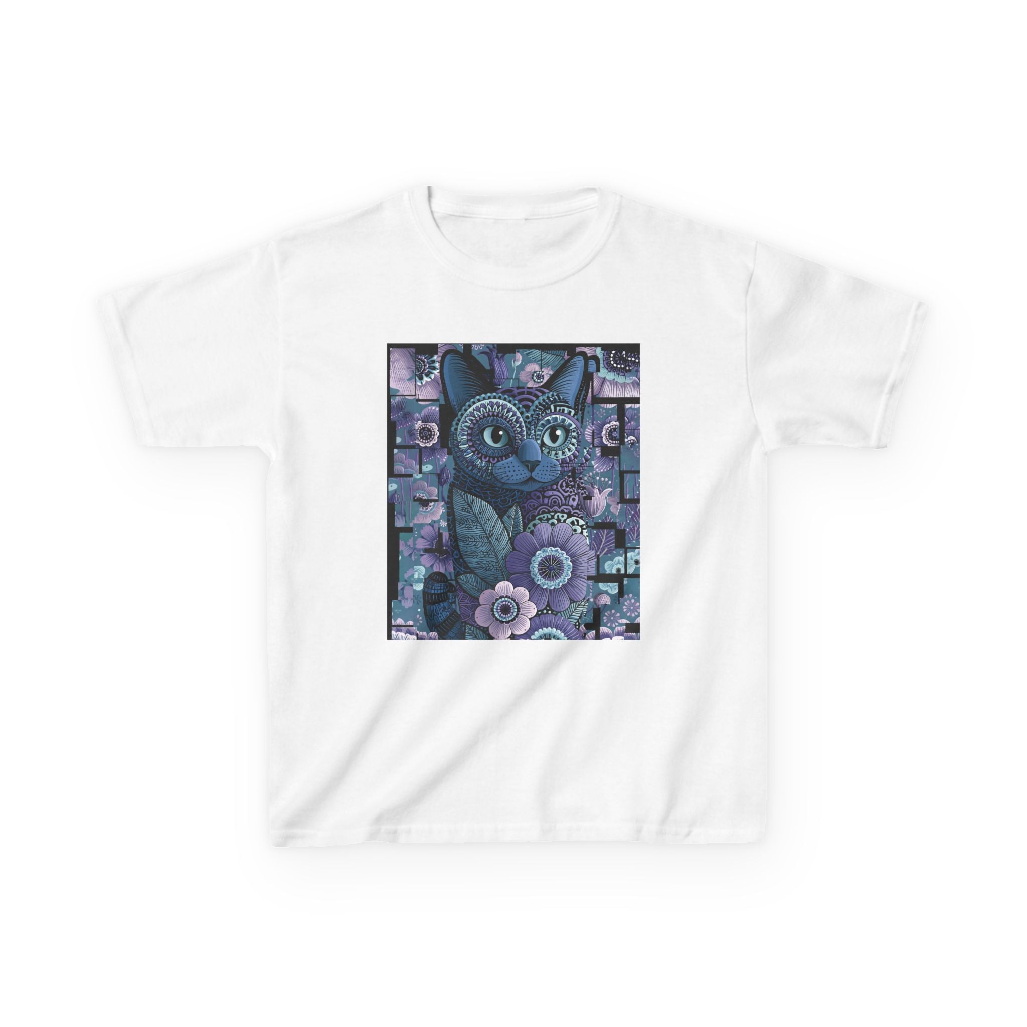Kids Cat Art T-Shirt — Whimsical Purple Floral Kitten Tee