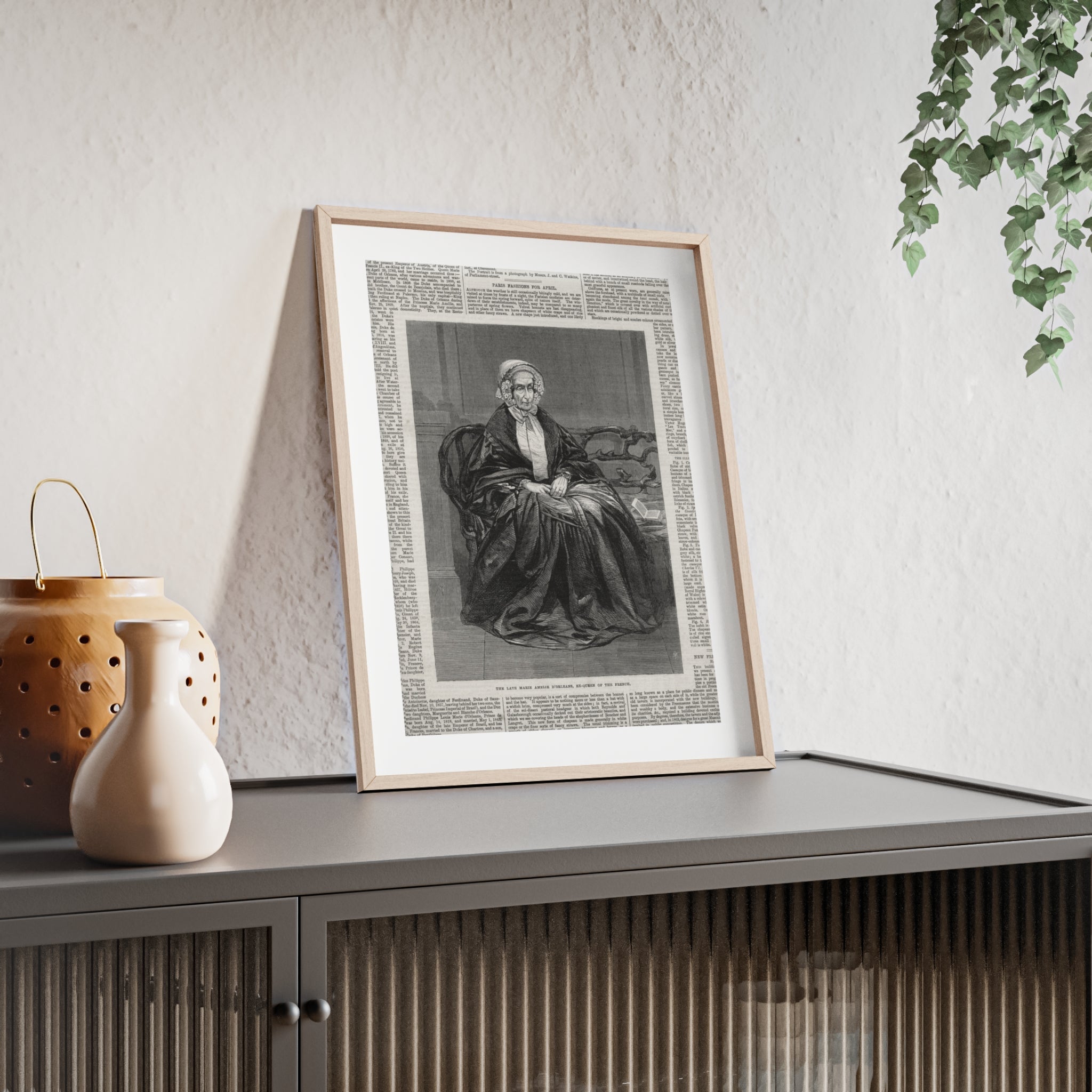 The Late Marie Amelie D'Orleans, Ex-Queen of the French. Vintage Portrait Newspaper Art Poster with Black Wooden Frame
