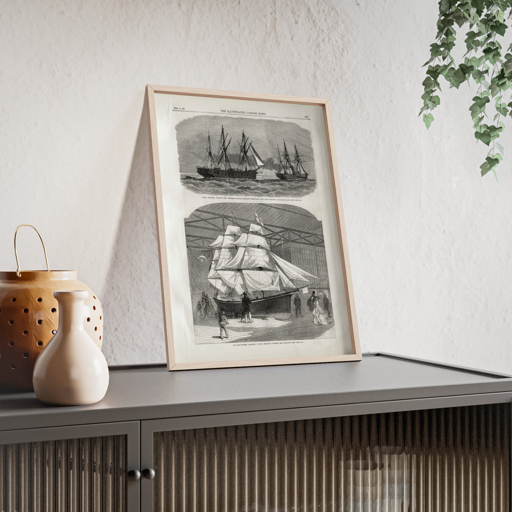 Vintage Nautical Ship Poster with Wooden Frame – Antique Sailing Print Wall Art