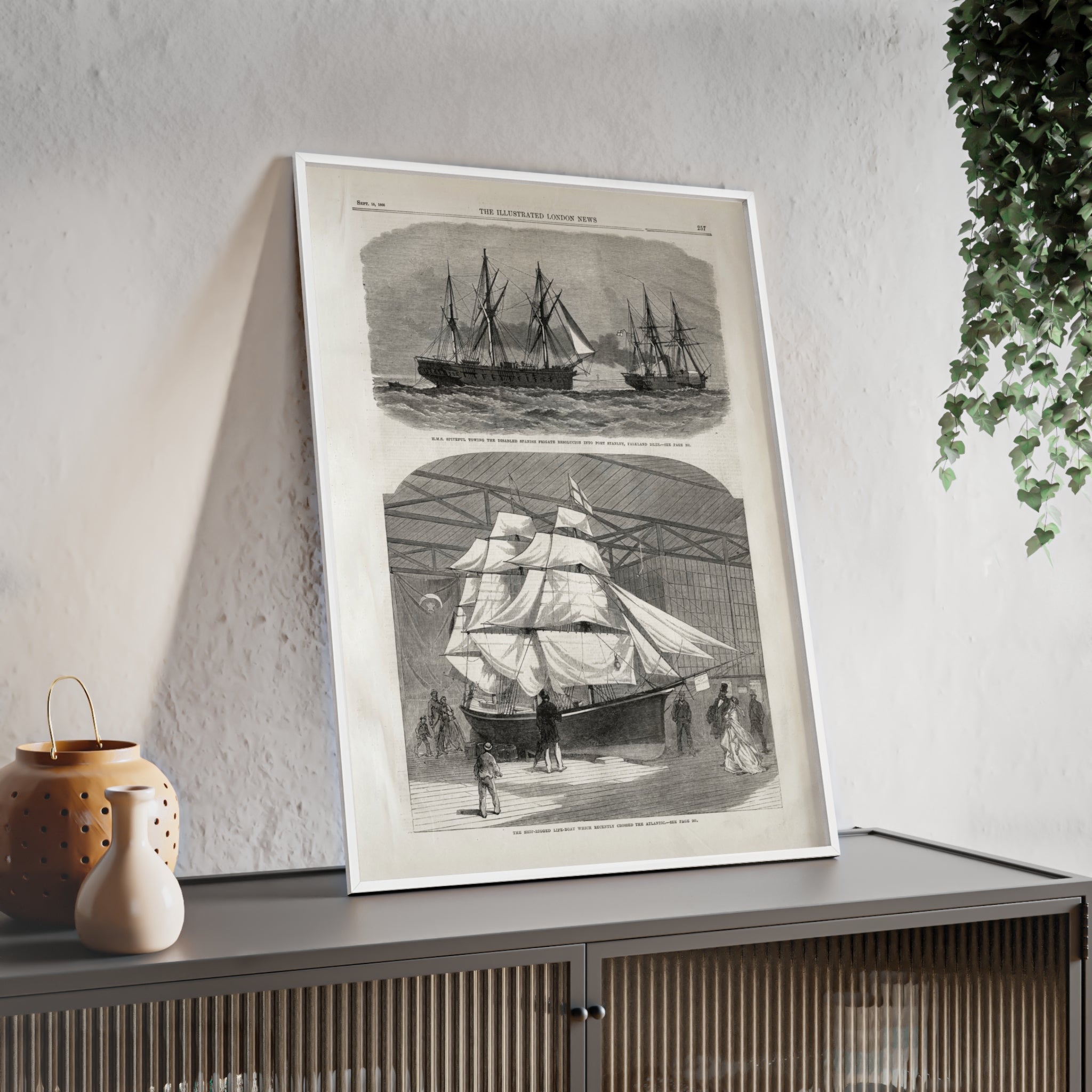 Vintage Nautical Ship Poster with Wooden Frame – Antique Sailing Print Wall Art