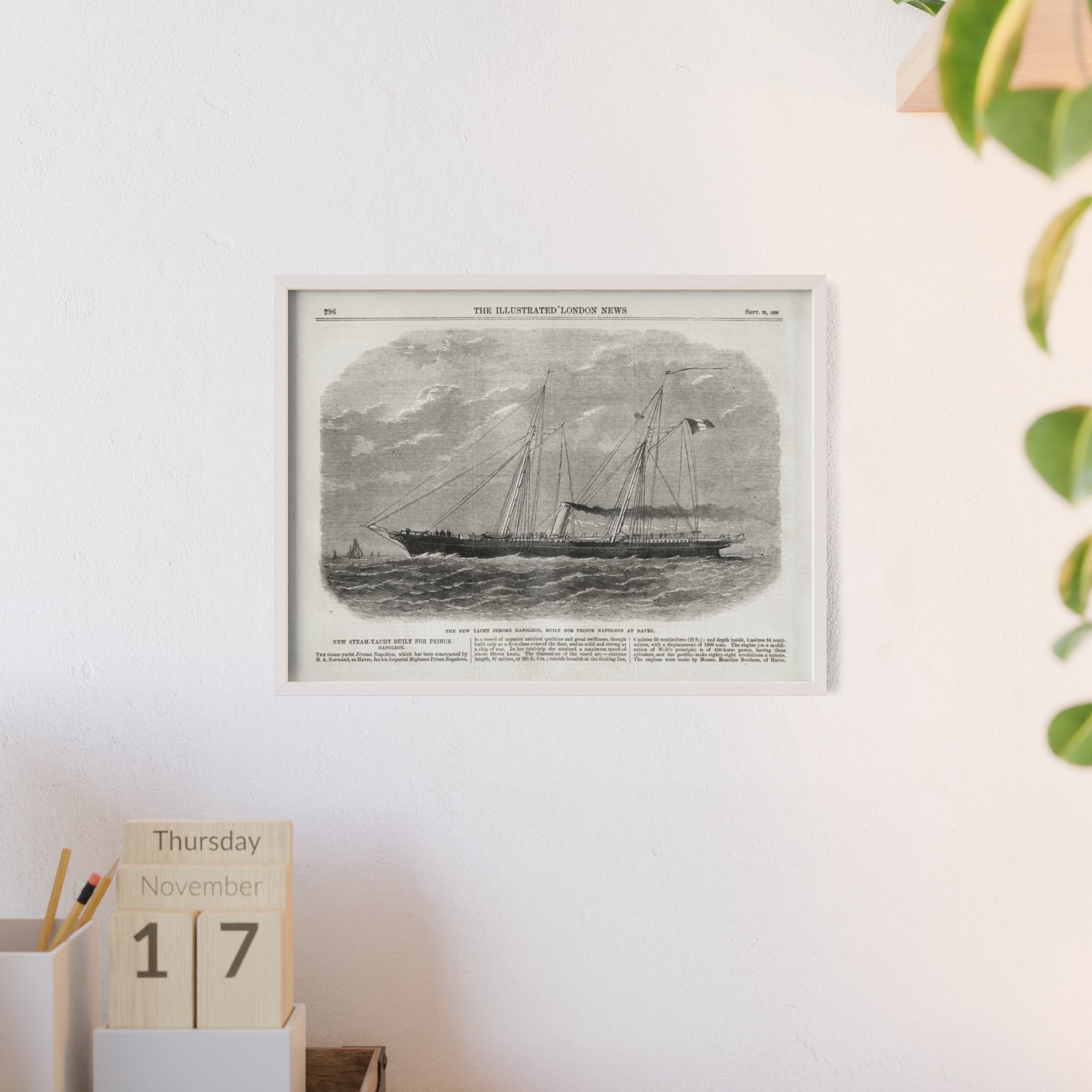 The New Yacht JEROME NAPOLEON, Built for Prince NAPOLEAN at Havre. Framed Vintage Ship Print Poster — Nautical Wall Art with Wooden Frame