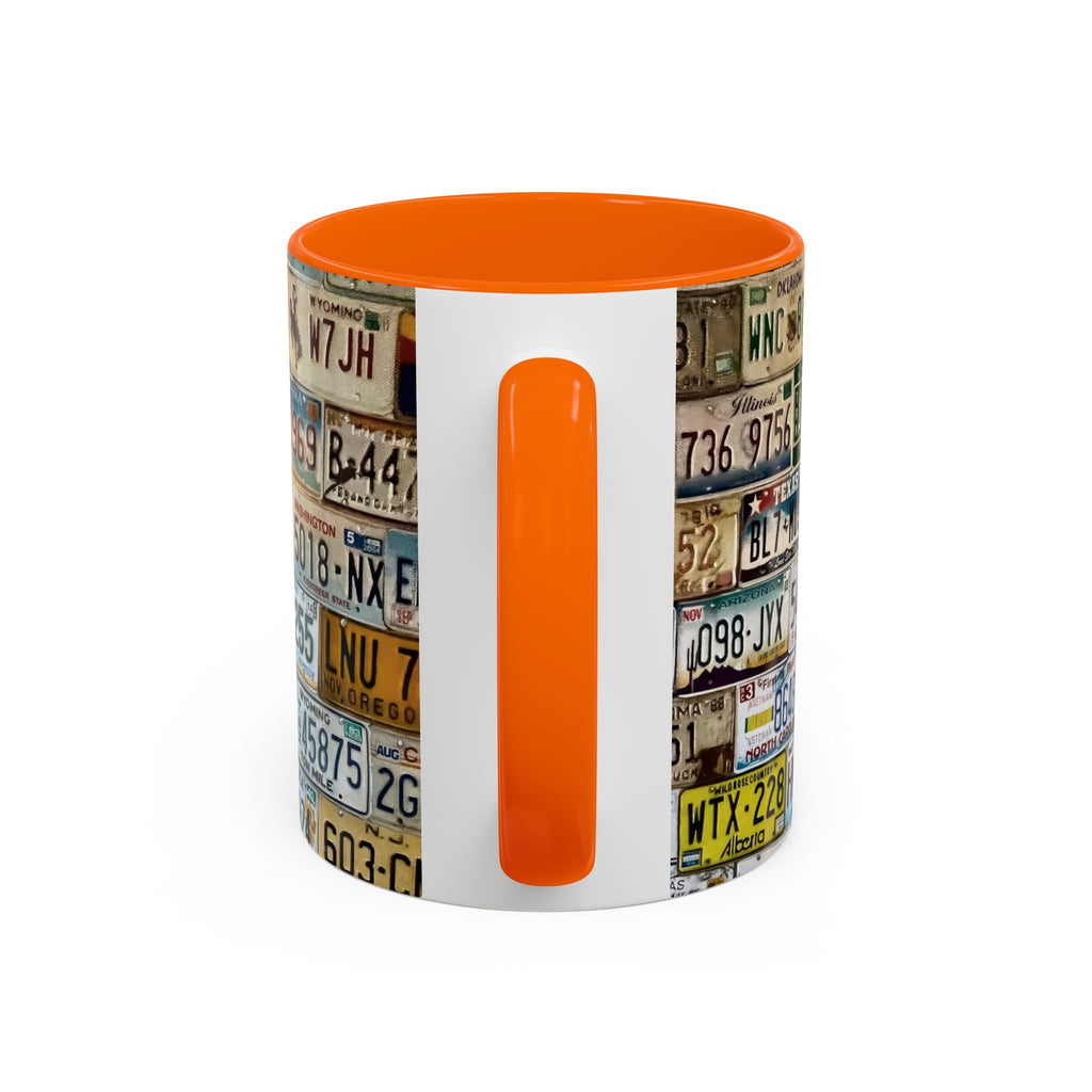 License Plate Collage Coffee Mug — Route 66, Vintage Road Trip Accent Mug