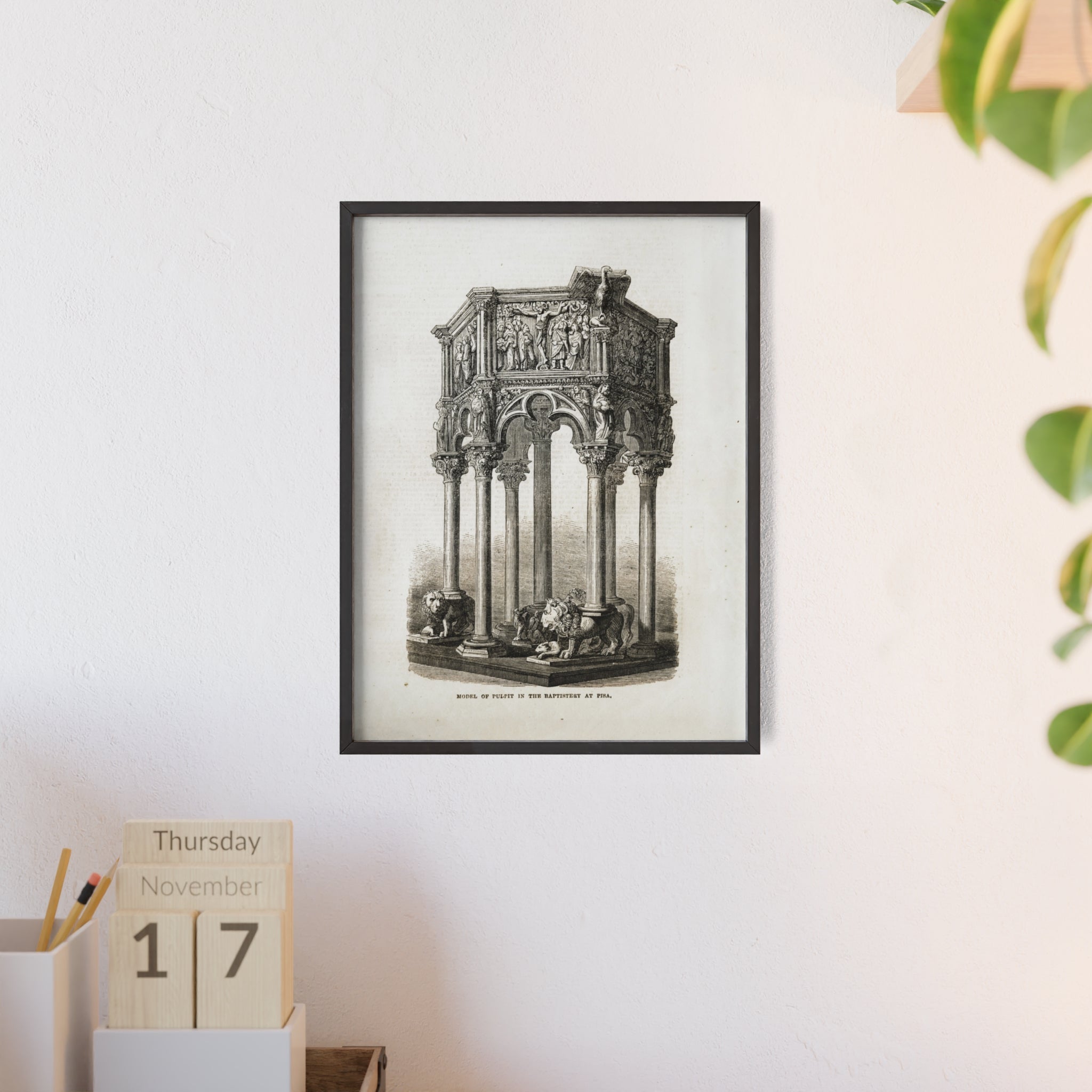 Model of Pulpit in the Baptistery at PISA. Antique Architectural Print Poster — Gothic Baptistery Illustration in Wooden Frame