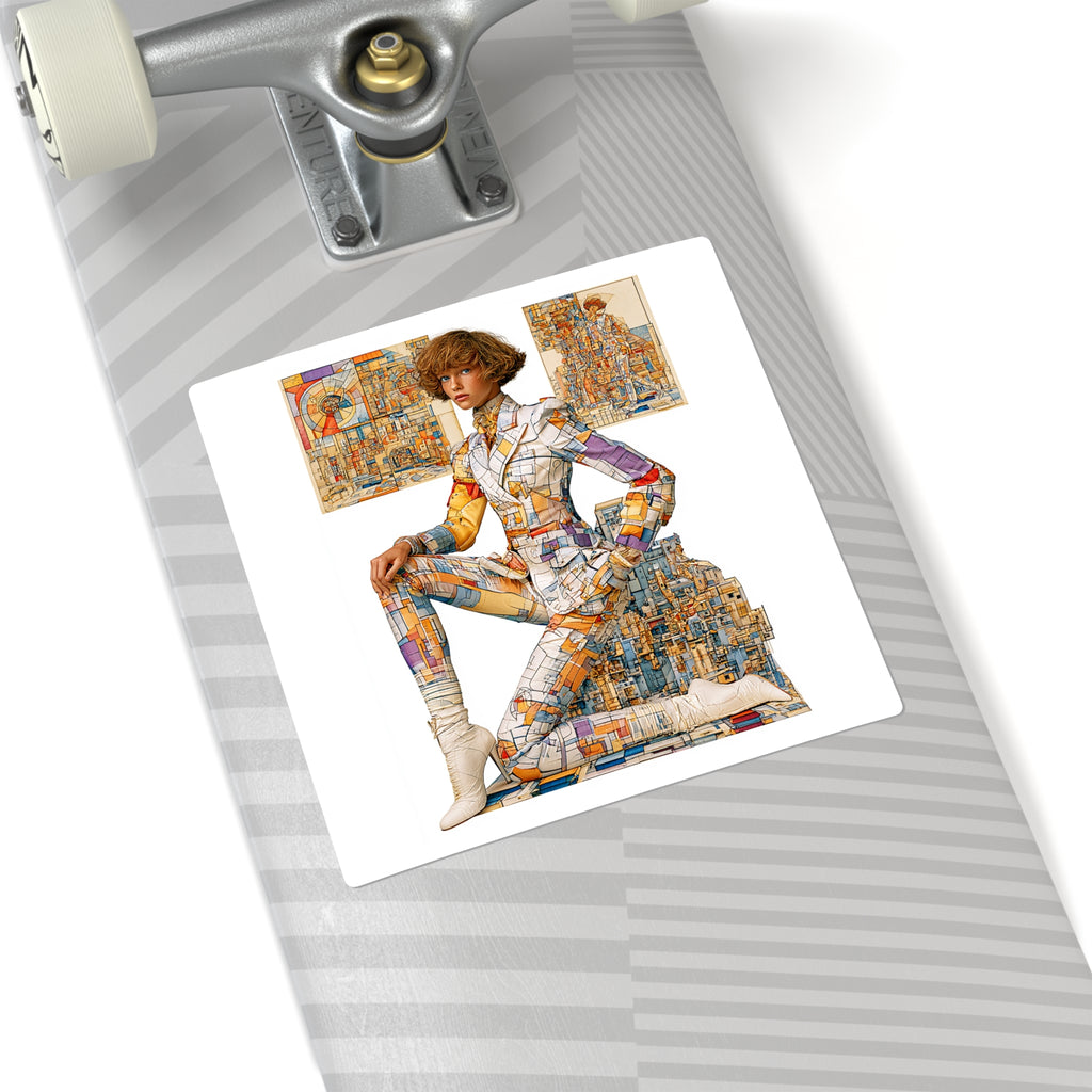 Retro Futurist Collage Square Sticker — Vintage Fashion Tech Art