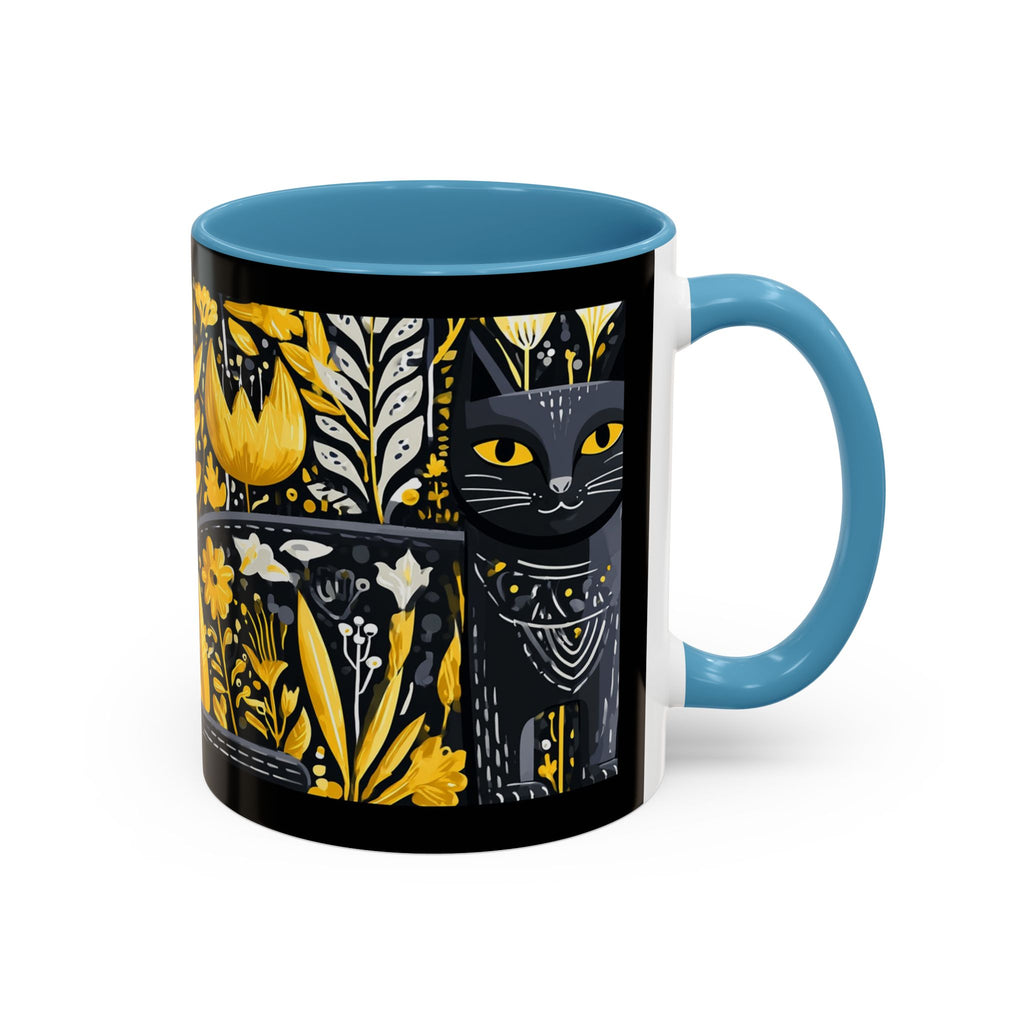 Black & Gold Cat Floral Coffee Mug — Whimsical Botanical Cat Accent Mug (11/15oz)