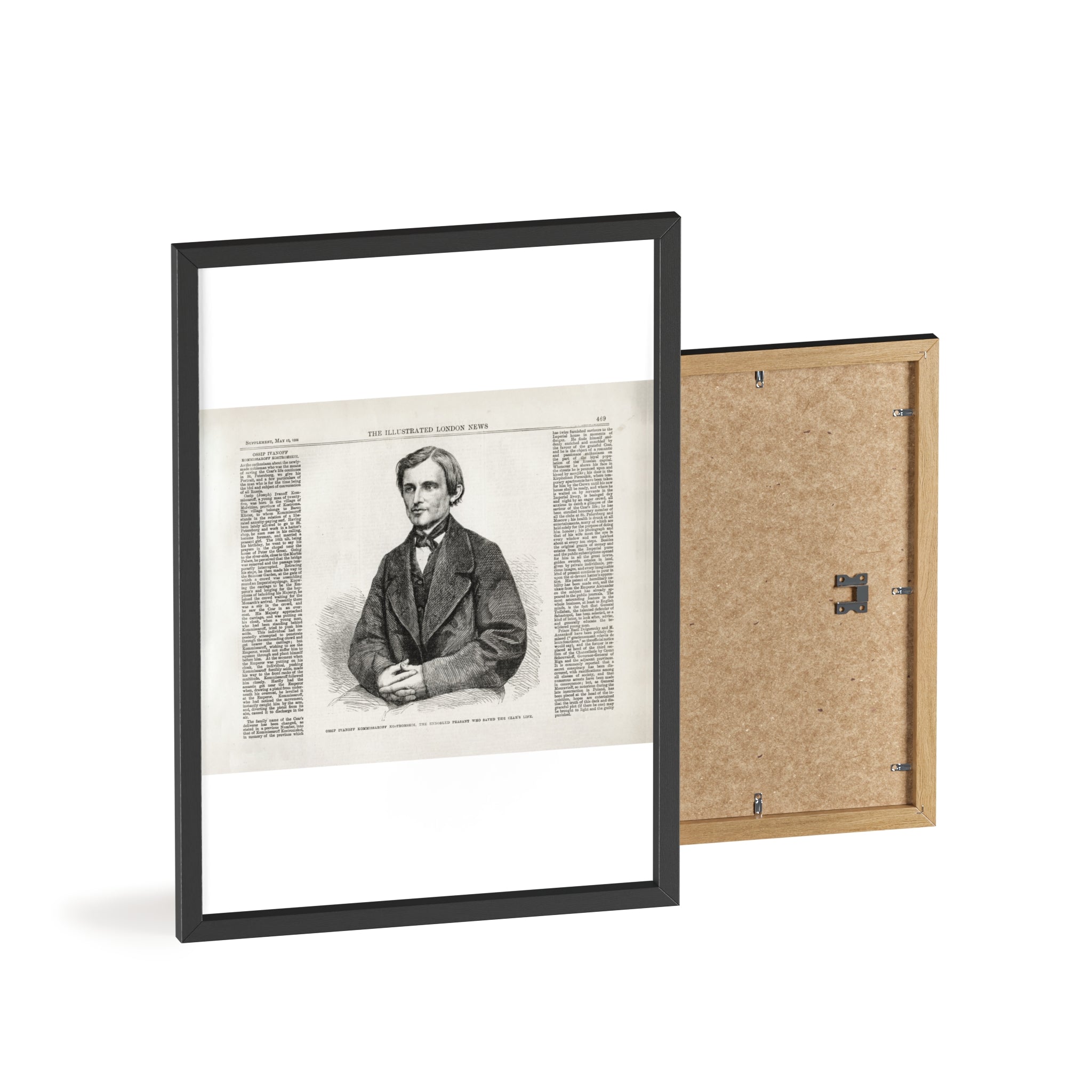 OSSIP IVANOFF, the peasant who saved the CZAR's Life. Vintage Illustrated Portrait Poster with Wooden Frame — Antique Newspaper Art Print