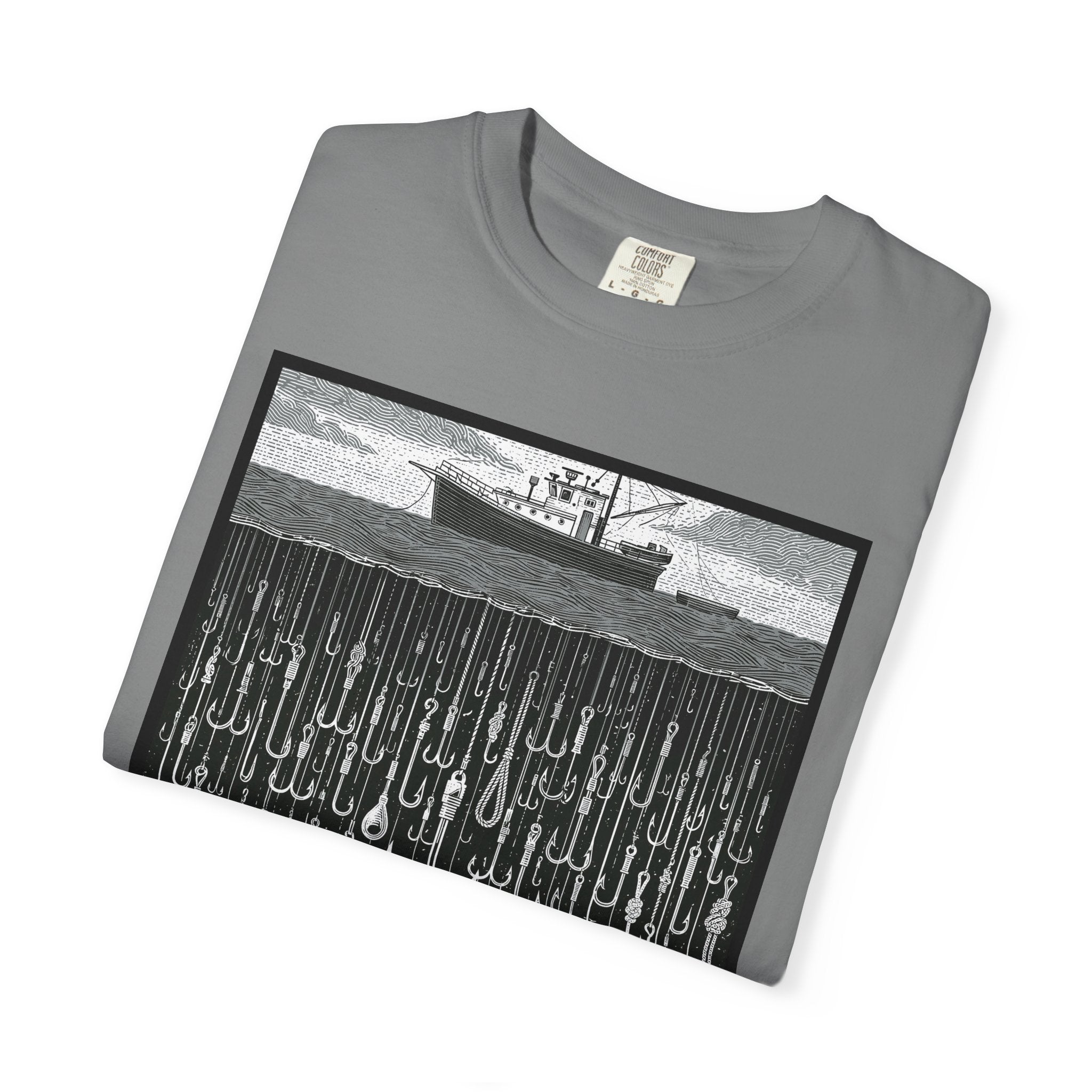 Fishing Boat & Hooks Graphic T-Shirt — Ocean Conservation Art Tee