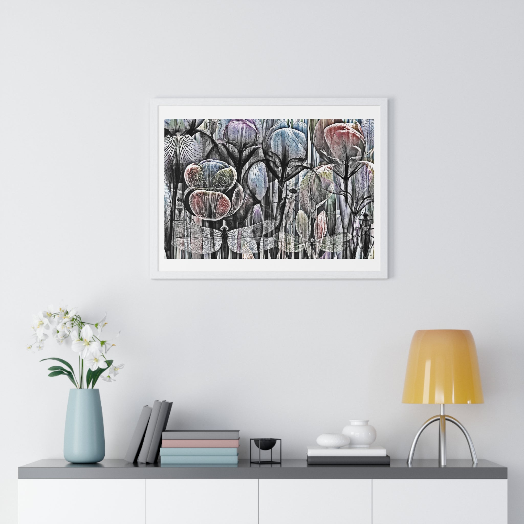Framed Poster — Dreamy Botanical Dragonfly Art Print