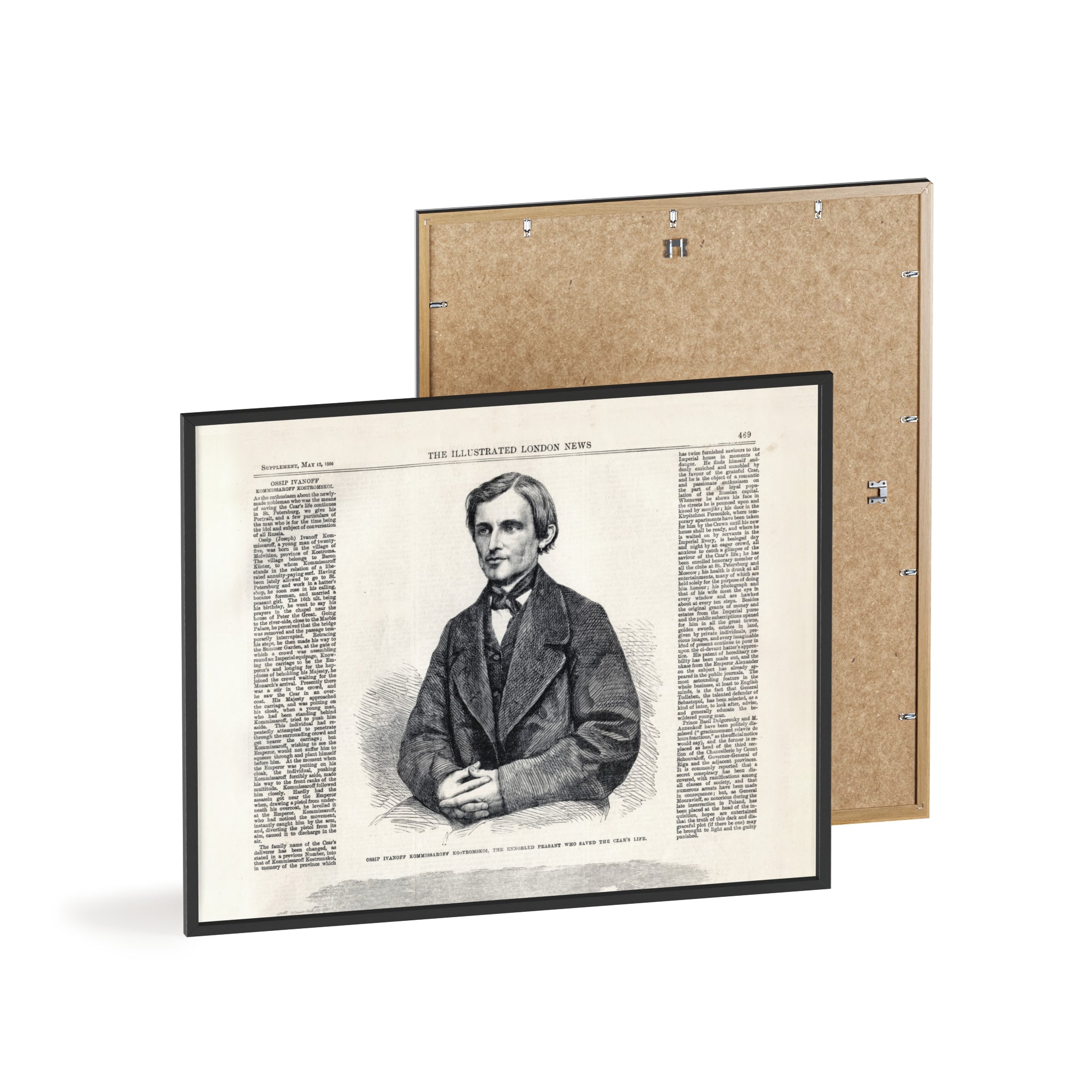 Portrait of Ossip Ivanoff the peasant who saved the Czar's Life. Vintage Newspaper Print Poster with Wooden Frame