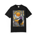 Cat Moon T-Shirt — Black Cat with Purple Mask & Sunset Stained-Glass Design