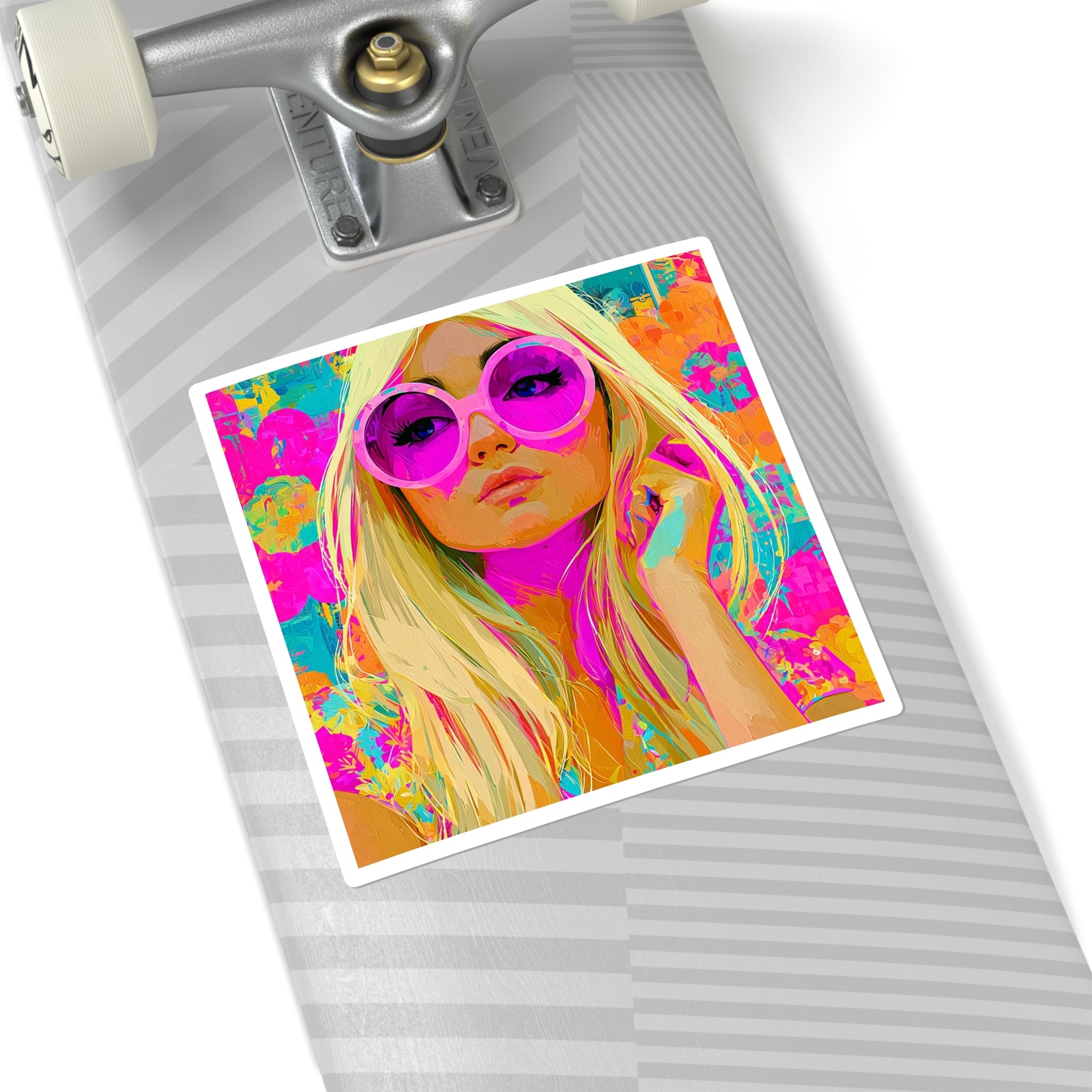 Pop Art Blonde Girl Square Sticker — Retro Neon Portrait Laptop Decal