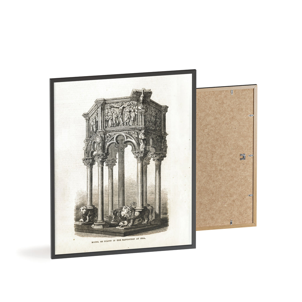 Model of Pulpit in the Baptistery at PISA. Antique Architectural Print Poster — Gothic Baptistery Illustration in Wooden Frame